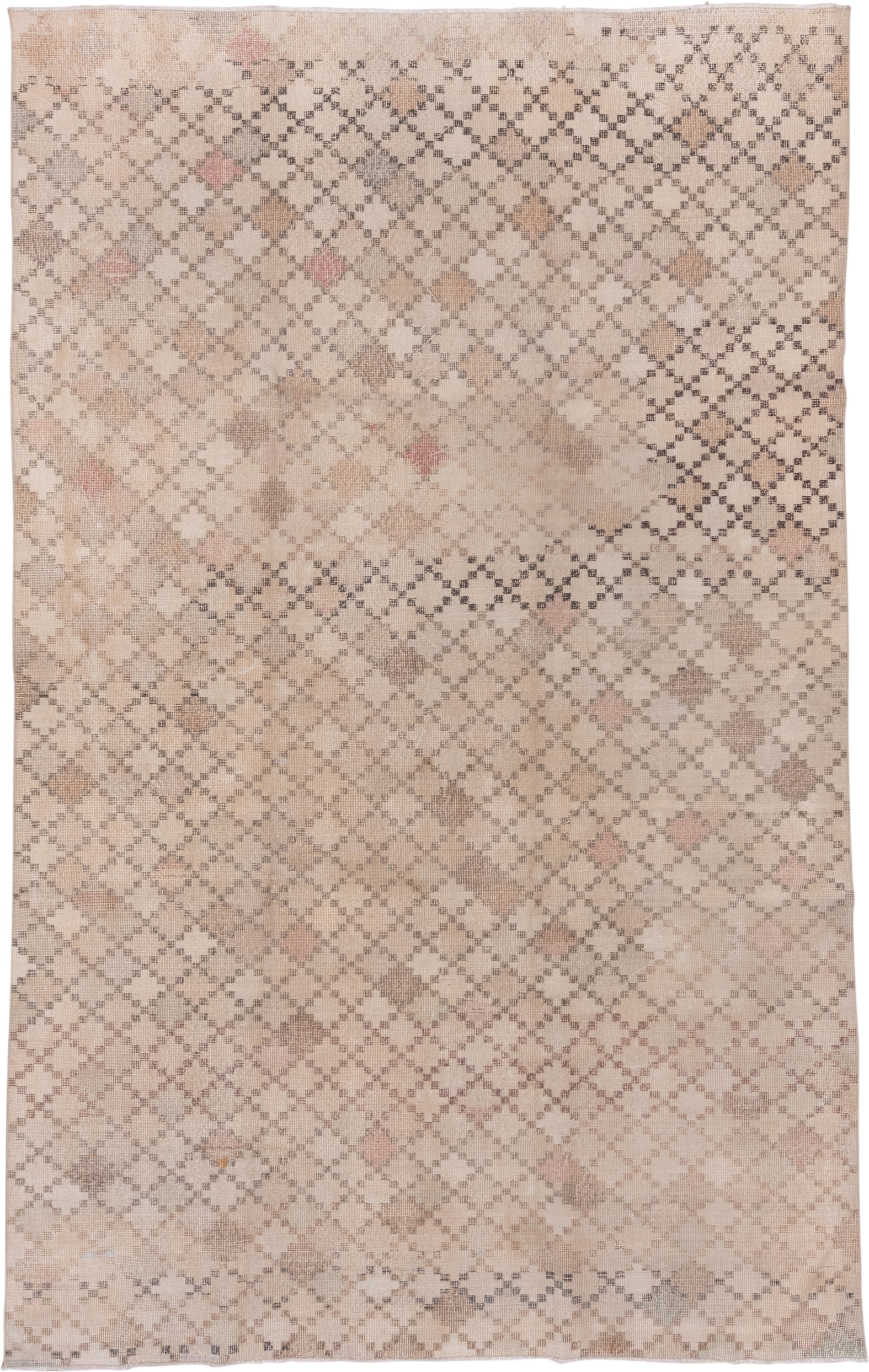 6' x 10' one-of-a-kind handmade vintage Oushak large size rug. Color palette: ivory, blush, taupe, sand, rose, gray, pink