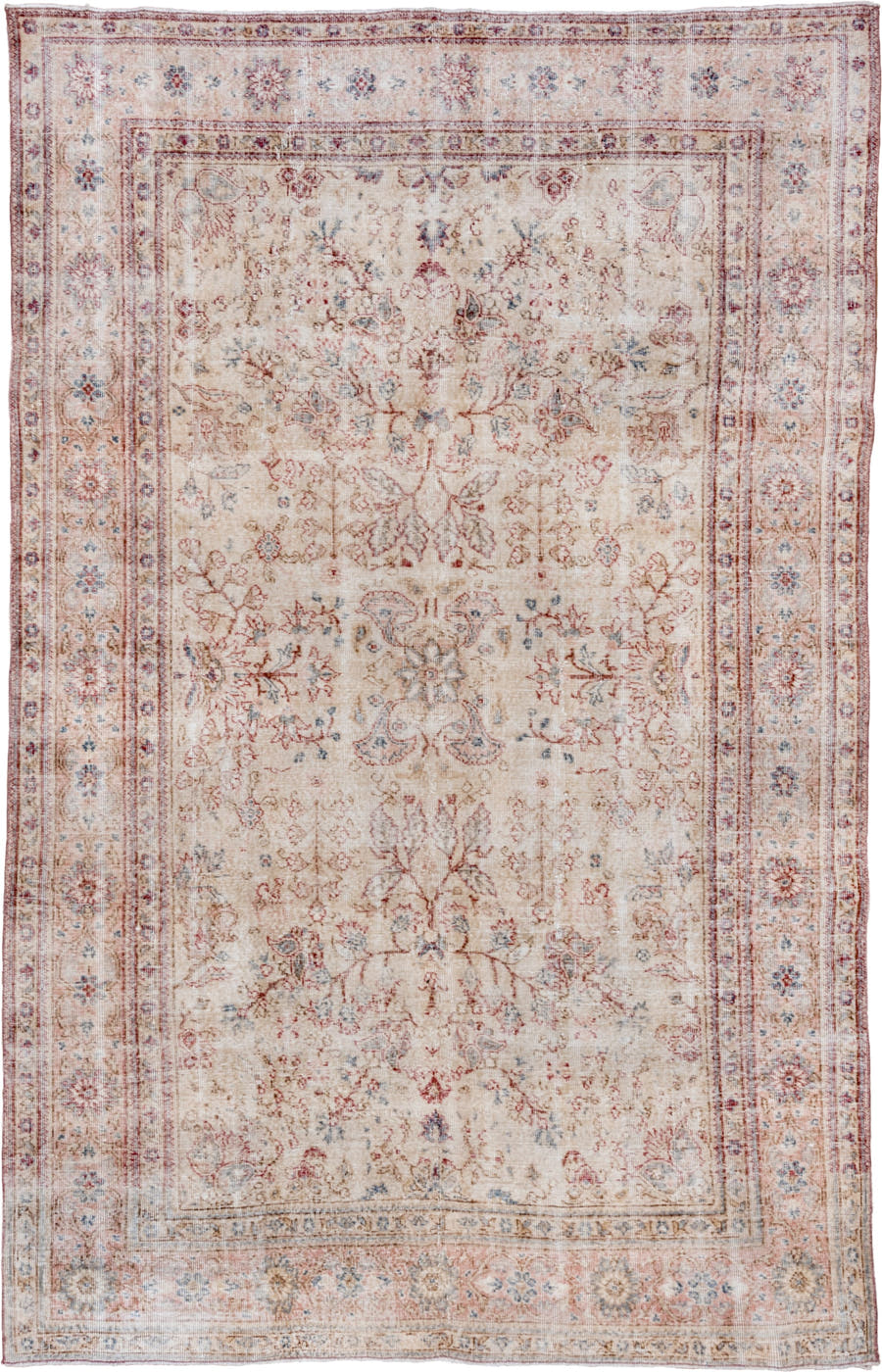 6' x 10' one-of-a-kind handmade vintage Oushak large size rug. Color palette: ivory, blush, pale blue, rust, beige, rose