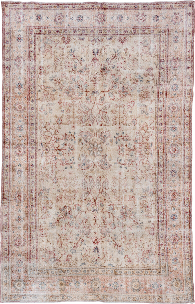 6' x 10' one-of-a-kind handmade vintage Oushak large size rug. Color palette: ivory, blush, pale blue, rust, beige, rose