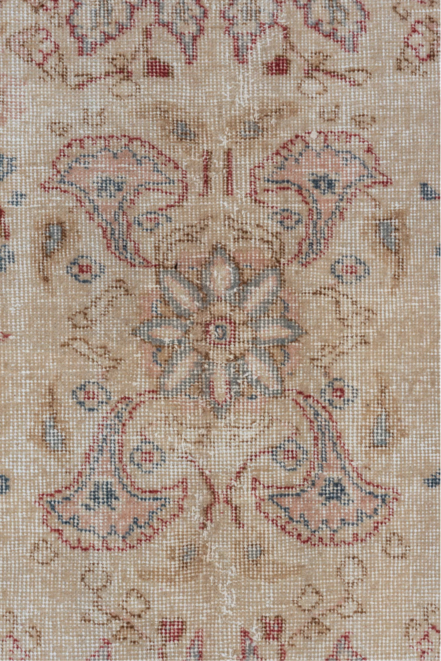 6' x 10' one-of-a-kind handmade vintage Oushak large size rug. Color palette: ivory, blush, pale blue, rust, beige, rose