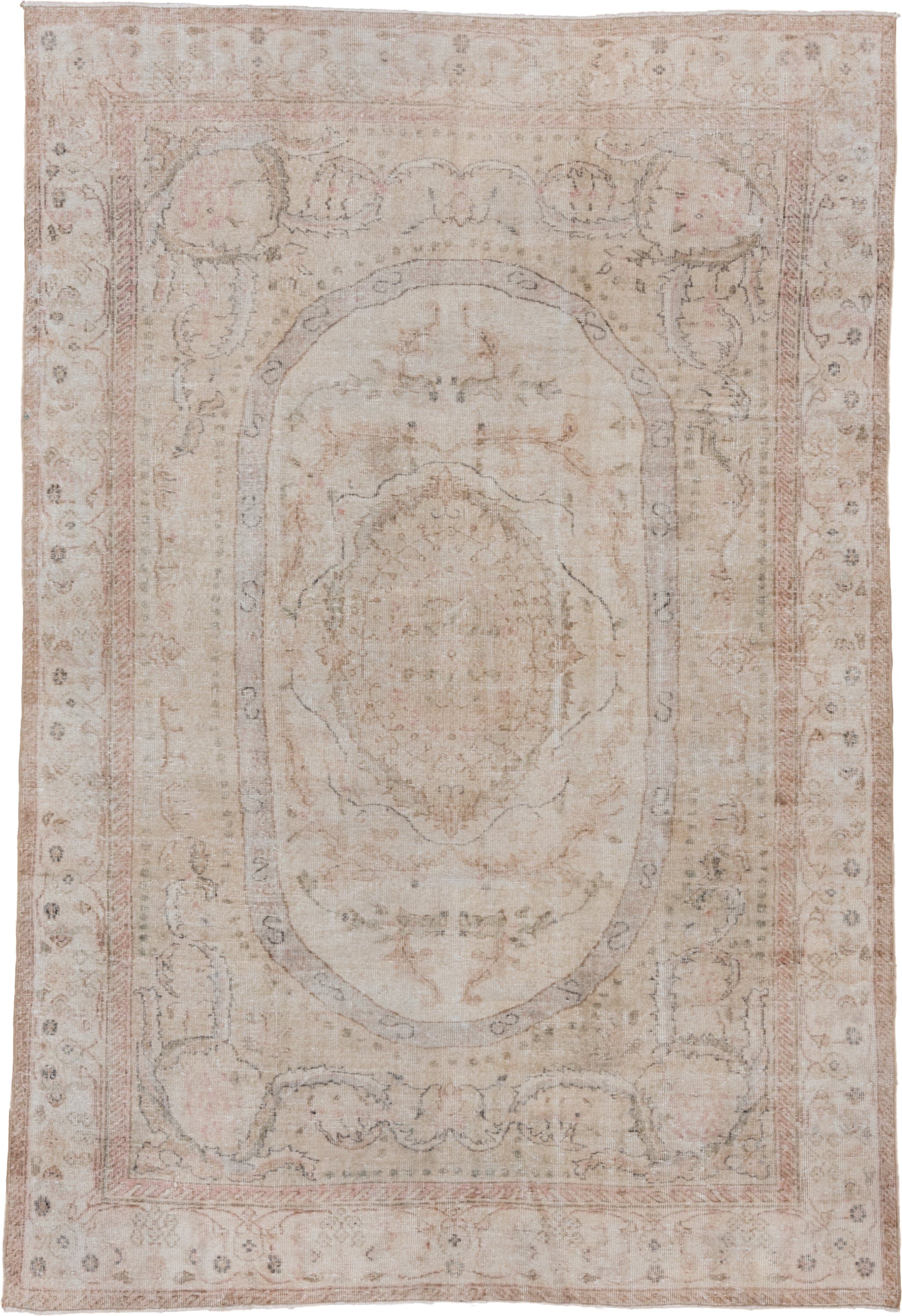 6' x 10' one-of-a-kind handmade vintage Oushak large size rug. Color palette: ivory, blush, taupe, beige, pale rose