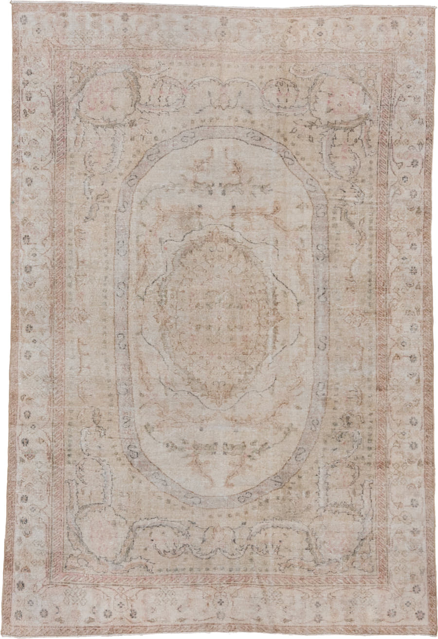 6' x 10' one-of-a-kind handmade vintage Oushak large size rug. Color palette: ivory, blush, taupe, beige, pale rose
