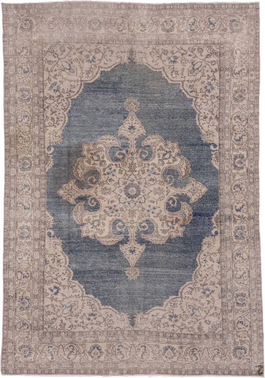6' x 10' one-of-a-kind handmade vintage Oushak large size rug. Color palette: blue, ivory, taupe, beige, slate, gray