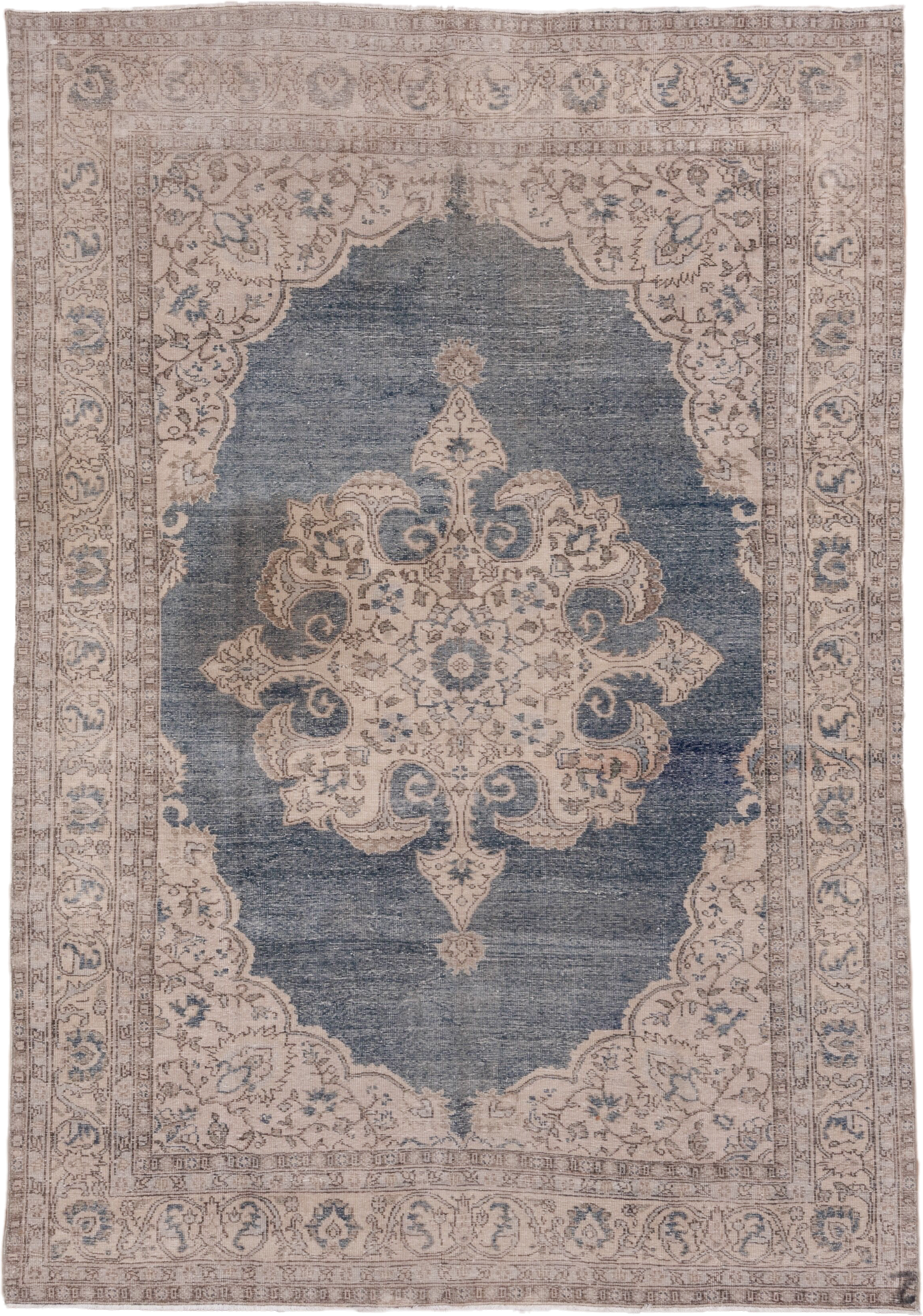 6' x 10' one-of-a-kind handmade vintage Oushak large size rug. Color palette: blue, ivory, taupe, beige, slate, gray