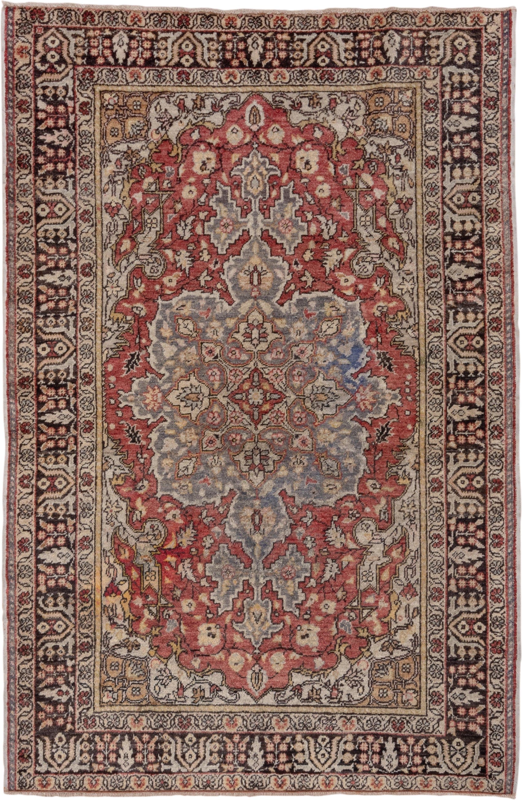 4' x 6' one-of-a-kind handmade vintage Oushak small size rug. Color palette: ivory, rust, blue-gray, charcoal, rose, taupe