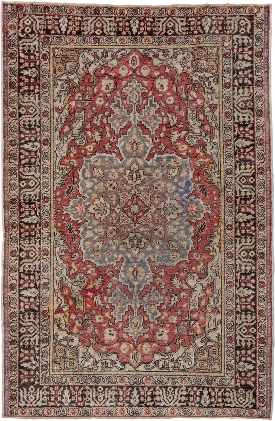 4' x 6' one-of-a-kind handmade vintage Oushak small size rug. Color palette: ivory, rust, blue-gray, charcoal, rose, taupe