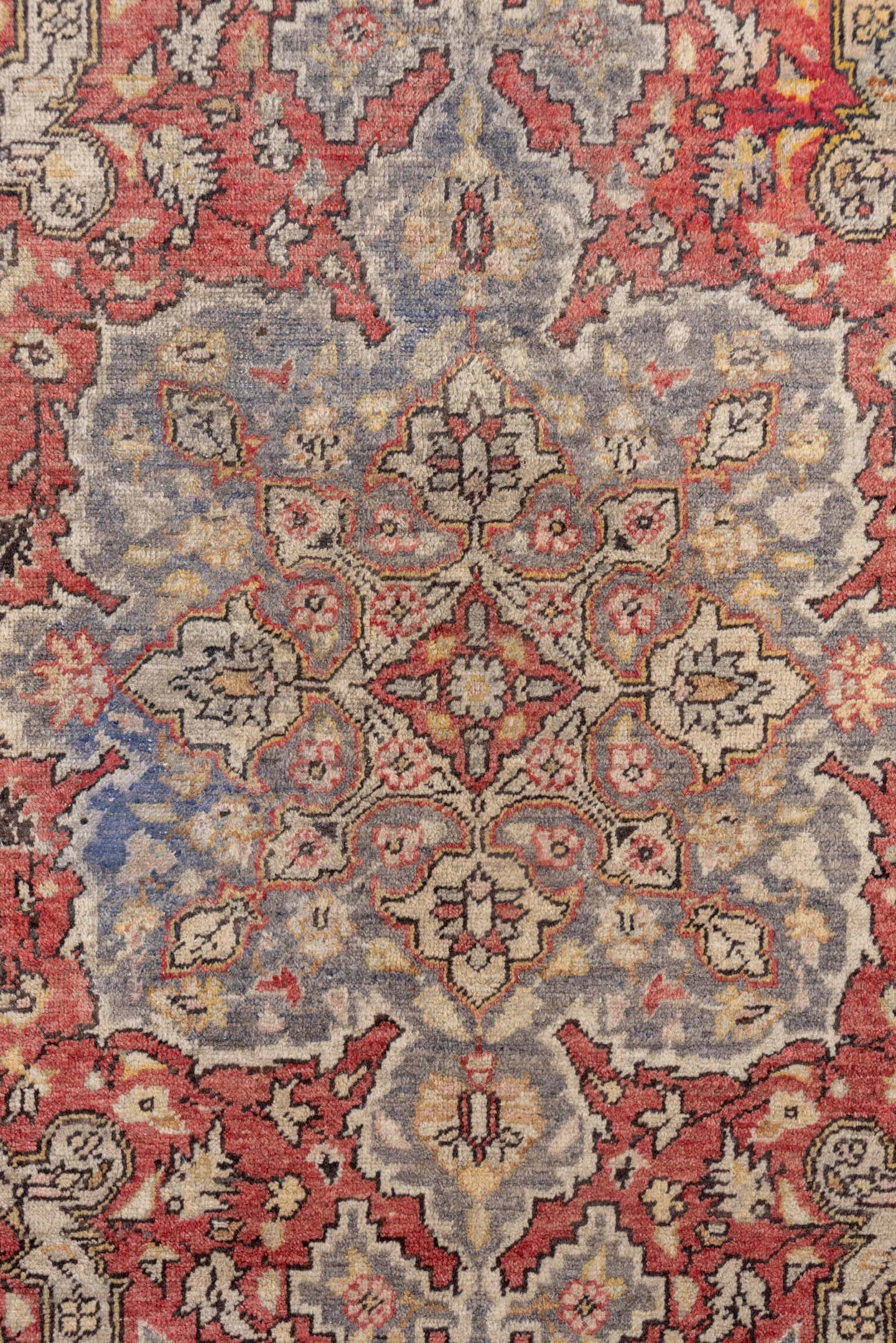 4' x 6' one-of-a-kind handmade vintage Oushak small size rug. Color palette: ivory, rust, blue-gray, charcoal, rose, taupe