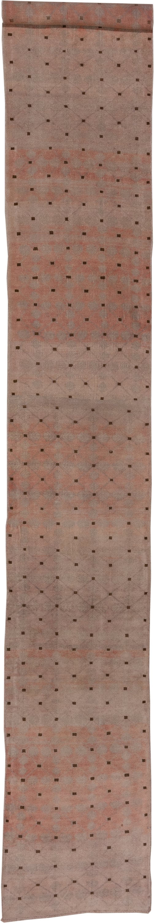 2' x 19' one-of-a-kind handmade vintage Oushak runner rug. Color palette: blush, rose, taupe, brown, dusty coral, ivory