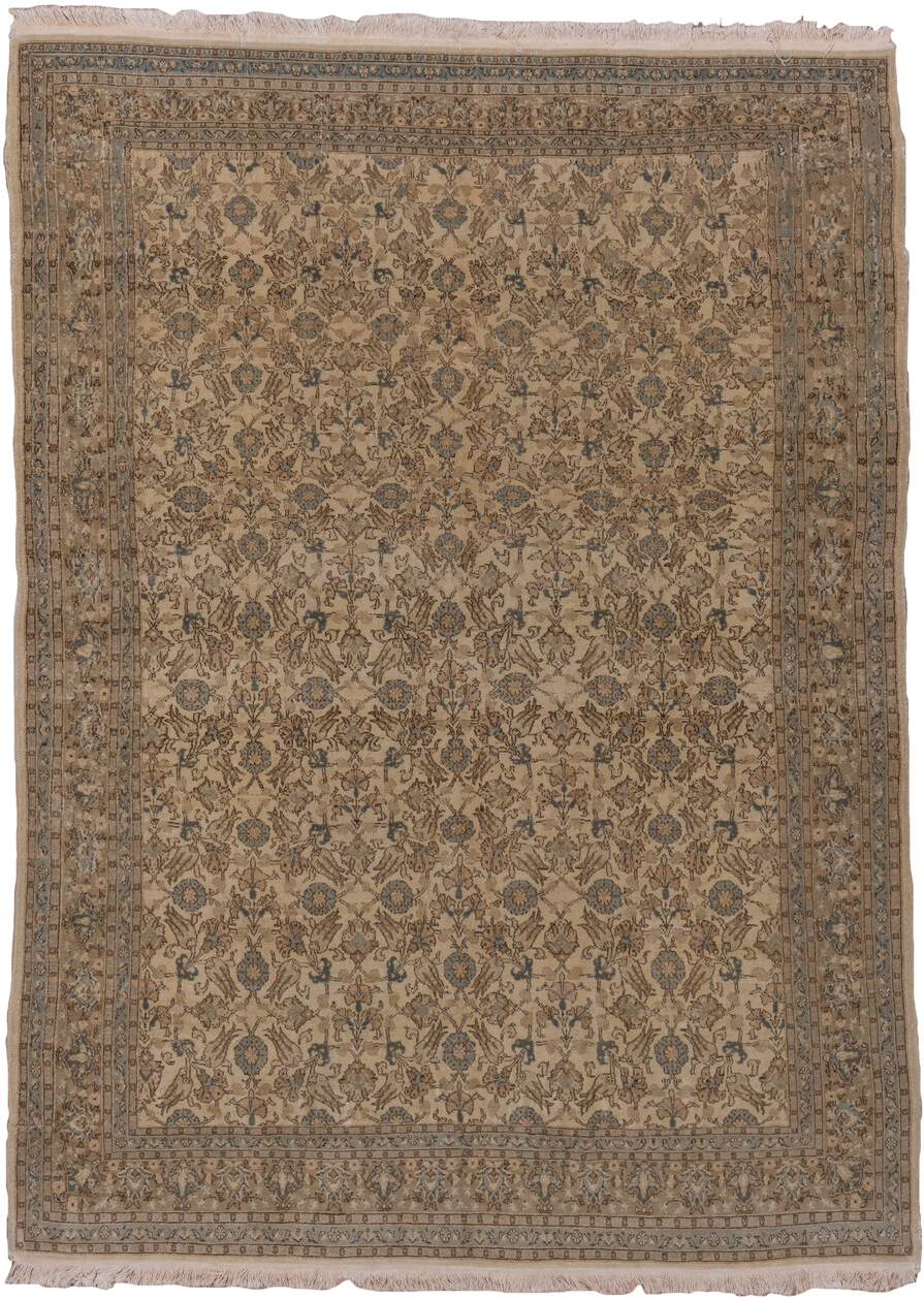 6' x 8' one-of-a-kind handmade vintage Sivas medium size rug. Color palette: beige, taupe, slate, ivory, camel, brown, gray