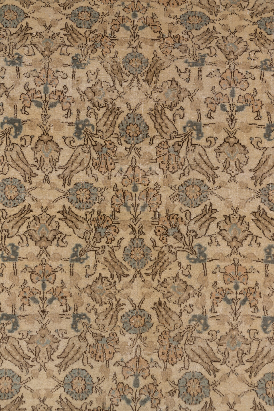 6' x 8' one-of-a-kind handmade vintage Sivas medium size rug. Color palette: beige, taupe, slate, ivory, camel, brown, gray