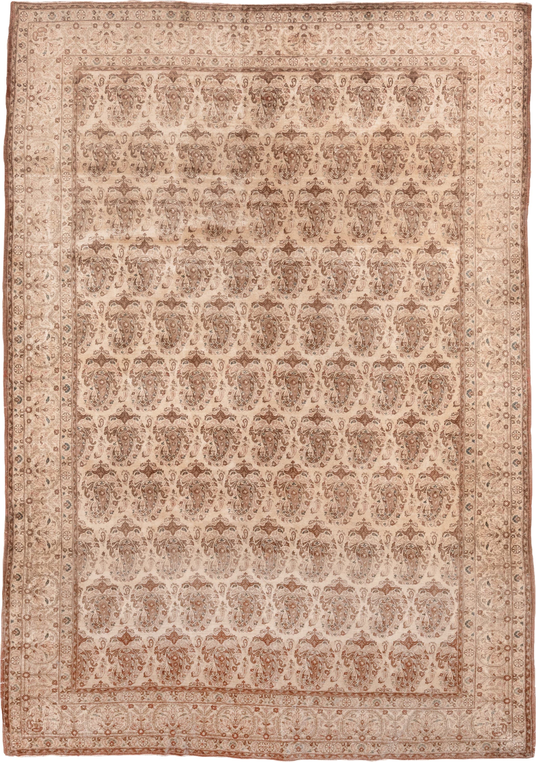 7' x 10' one-of-a-kind handmade antique Qum large size rug. Color palette: ivory, rose, taupe, camel, beige, sienna, pink