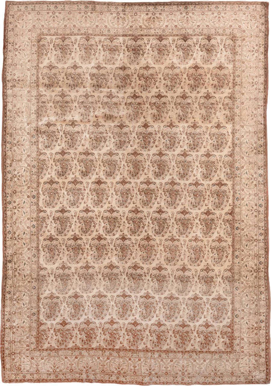 7' x 10' one-of-a-kind handmade antique Qum large size rug. Color palette: ivory, rose, taupe, camel, beige, sienna, pink