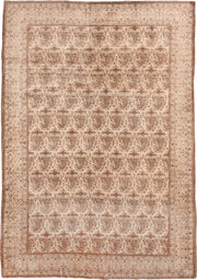 7' x 10' one-of-a-kind handmade antique Qum large size rug. Color palette: ivory, rose, taupe, camel, beige, sienna, pink