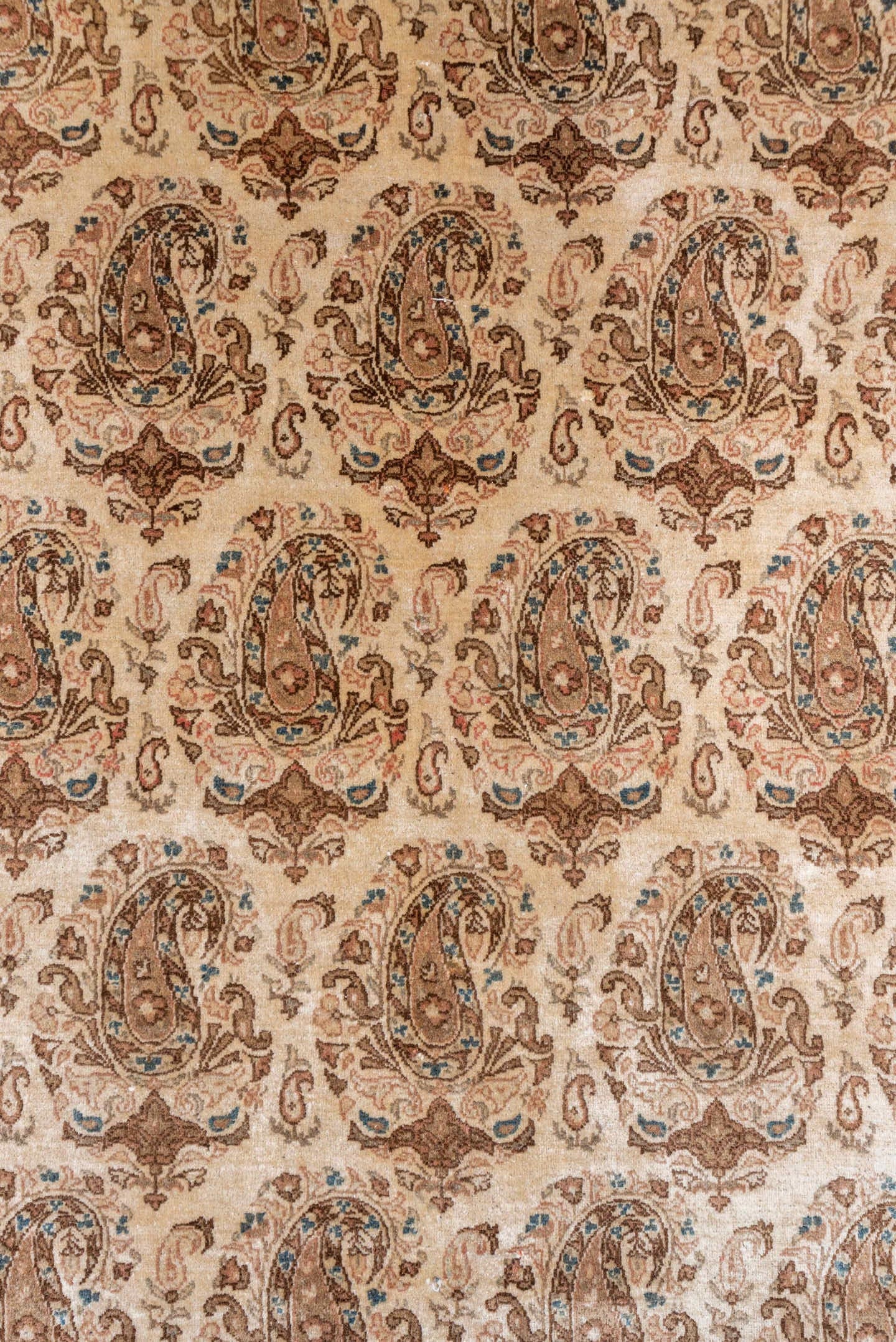 7' x 10' one-of-a-kind handmade antique Qum large size rug. Color palette: ivory, rose, taupe, camel, beige, sienna, pink