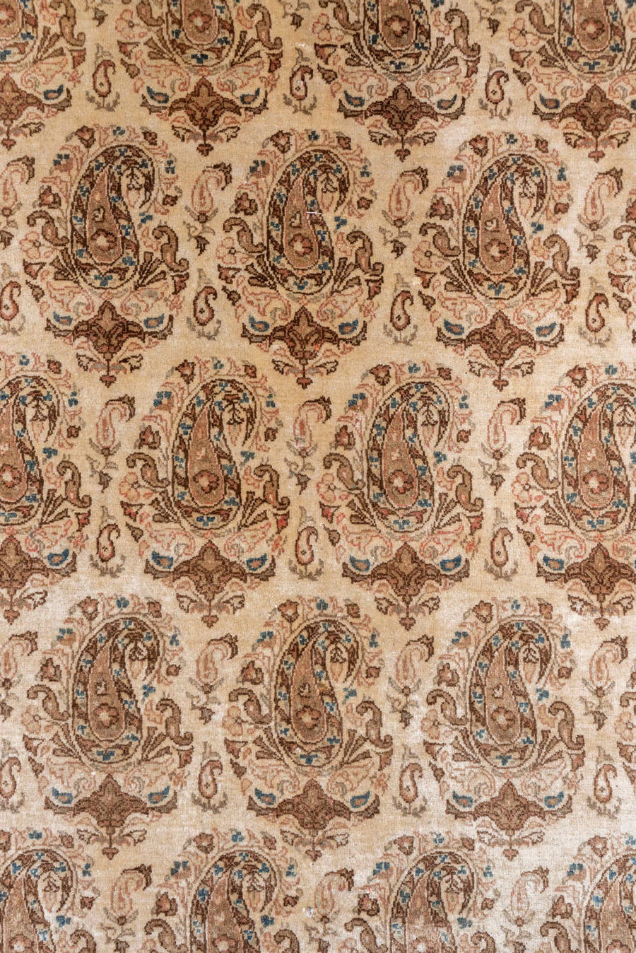 7' x 10' one-of-a-kind handmade antique Qum large size rug. Color palette: ivory, rose, taupe, camel, beige, sienna, pink