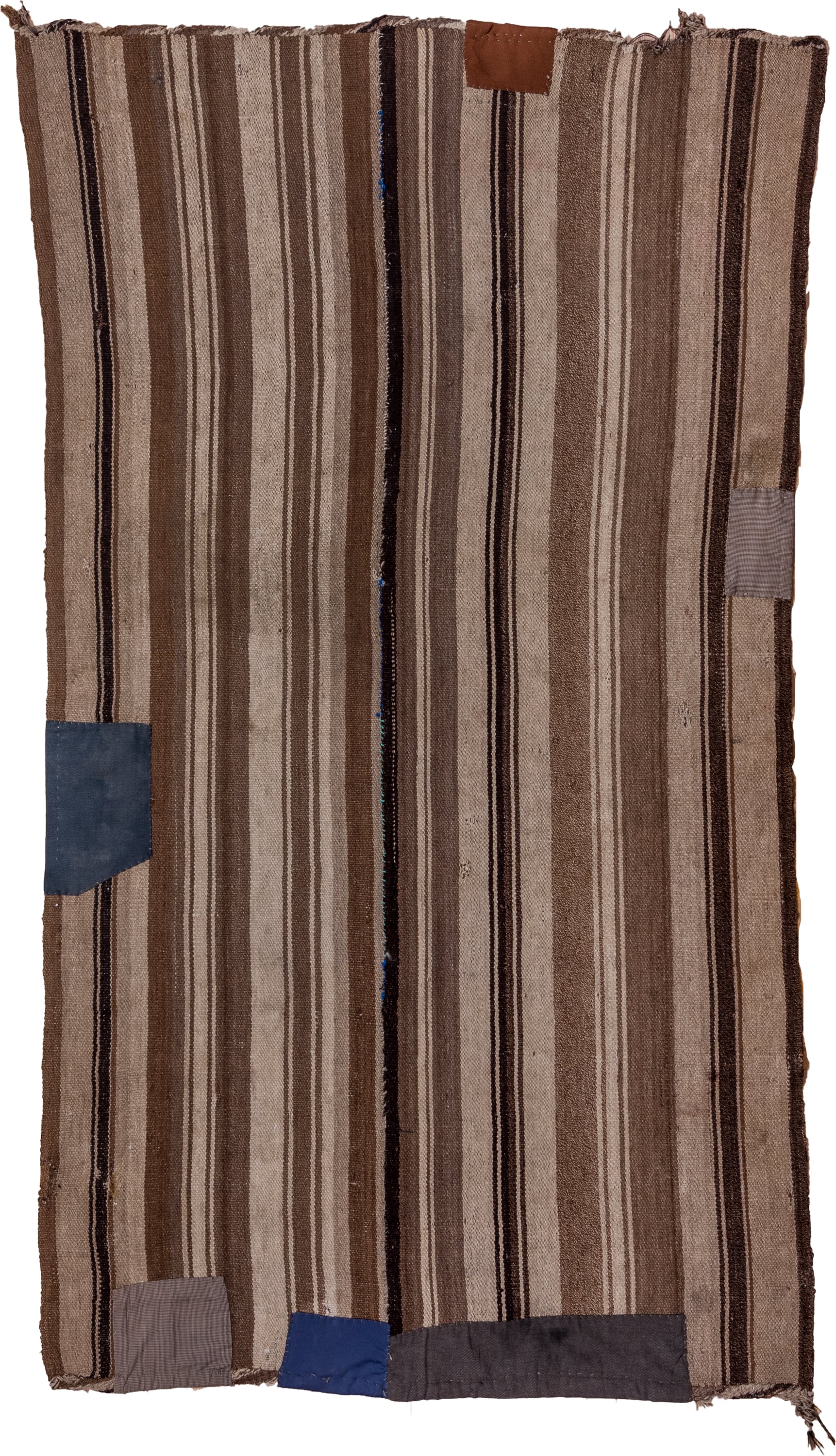 4' x 8' one-of-a-kind handmade vintage Kilim rug. Color palette: brown, taupe, camel, ivory, charcoal, slate, navy, beige