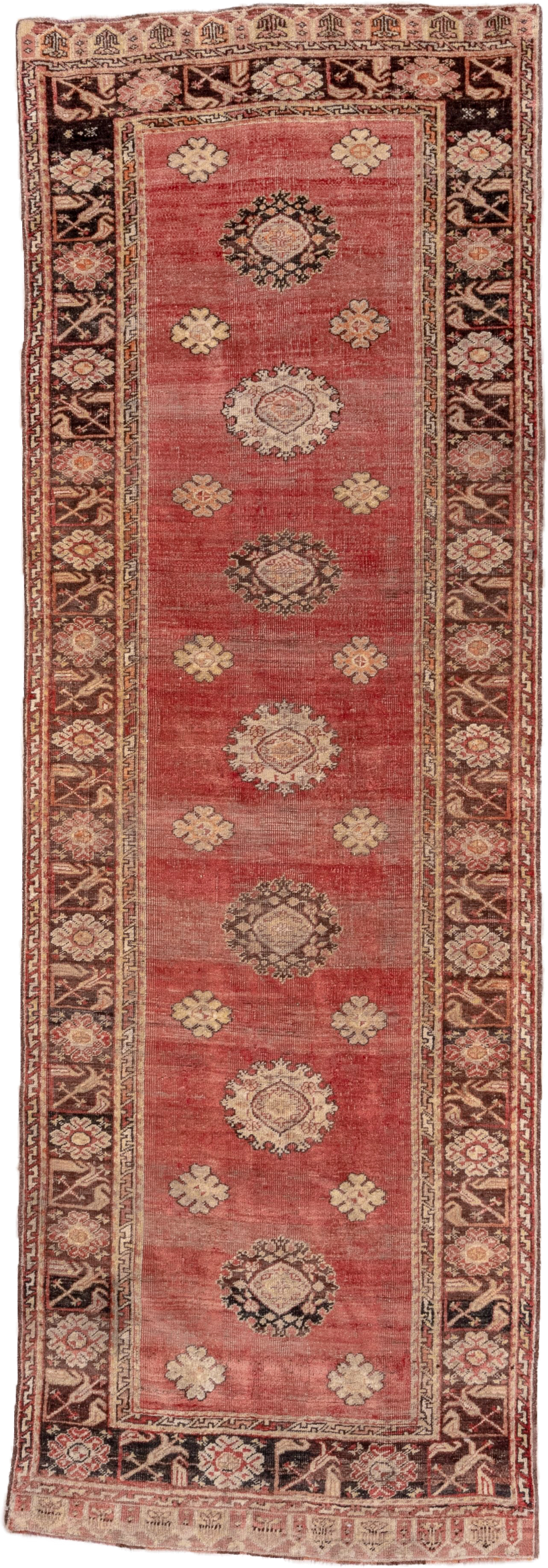 3' x 11' one-of-a-kind handmade vintage Oushak runner rug. Color palette: rose, burgundy, ivory, blush, charcoal, taupe