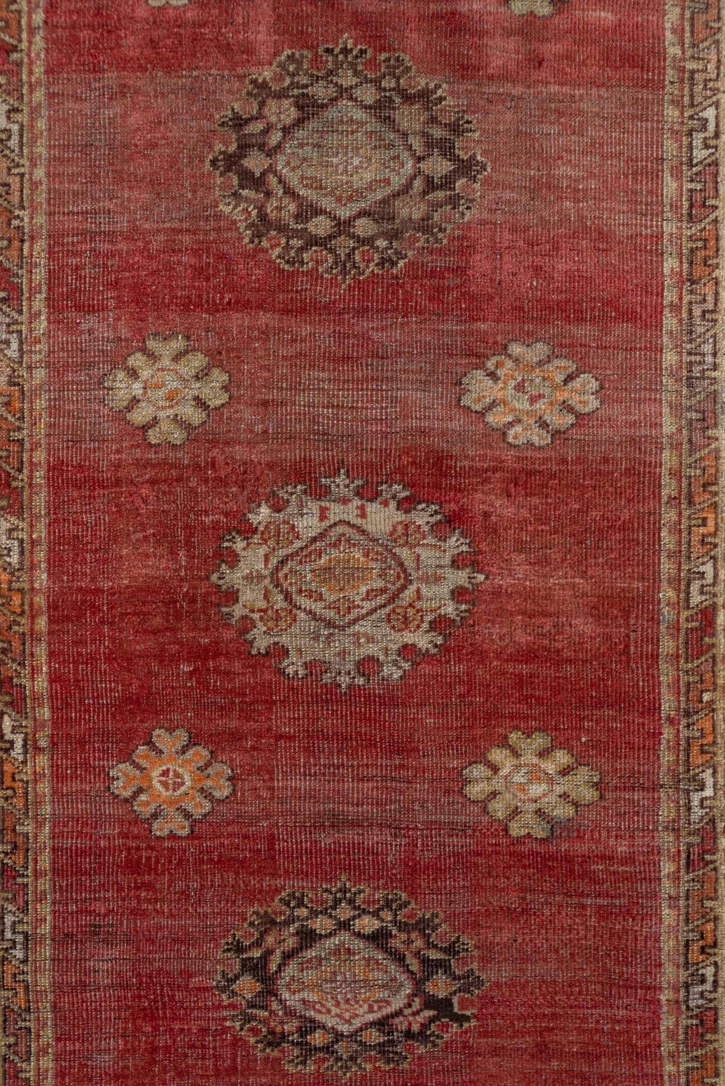 3' x 11' one-of-a-kind handmade vintage Oushak runner rug. Color palette: rose, burgundy, ivory, blush, charcoal, taupe