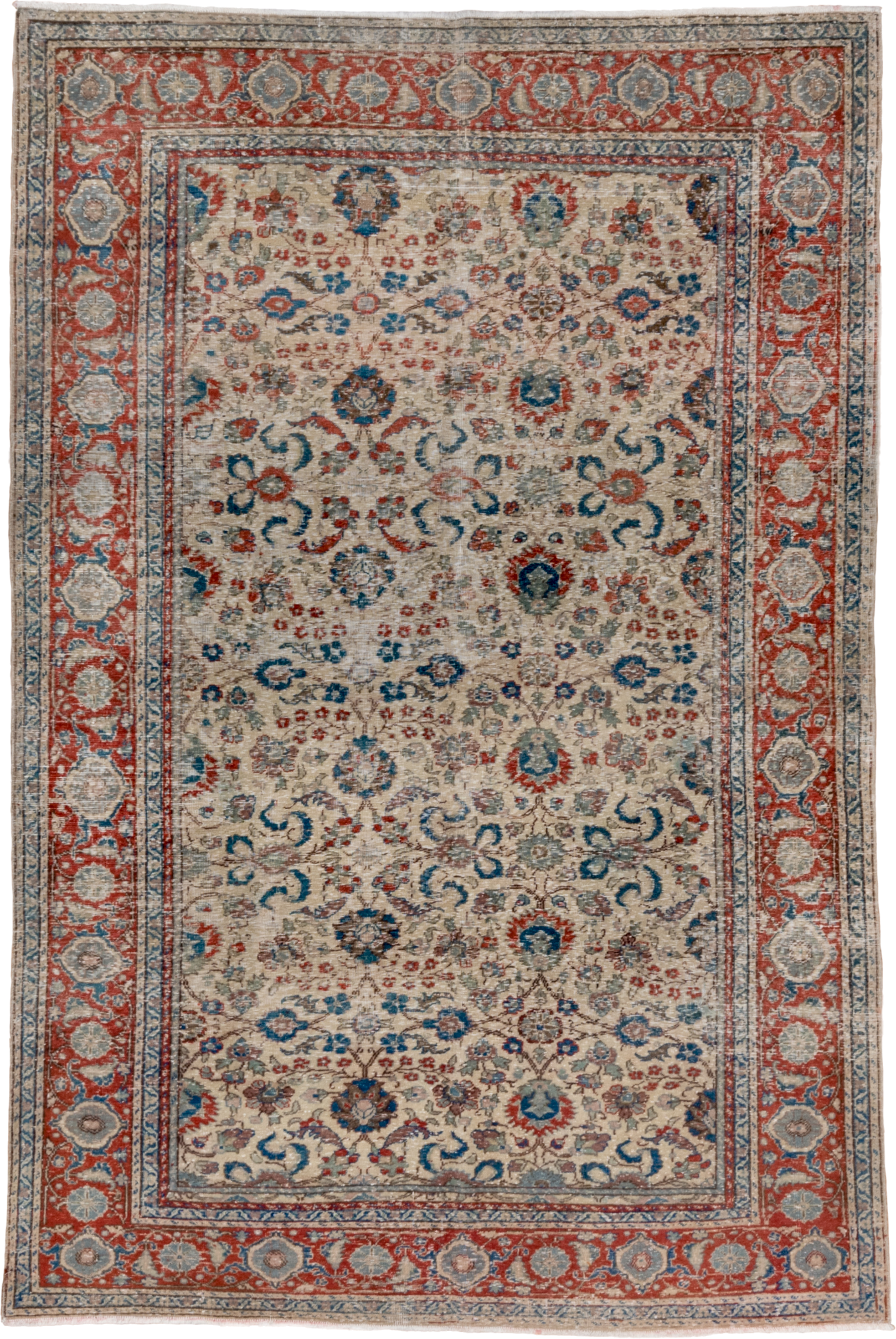 5' x 7' one-of-a-kind handmade vintage Kaisary rug. Color palette: ivory, rust, blue, slate, taupe, camel, terracotta, brown
