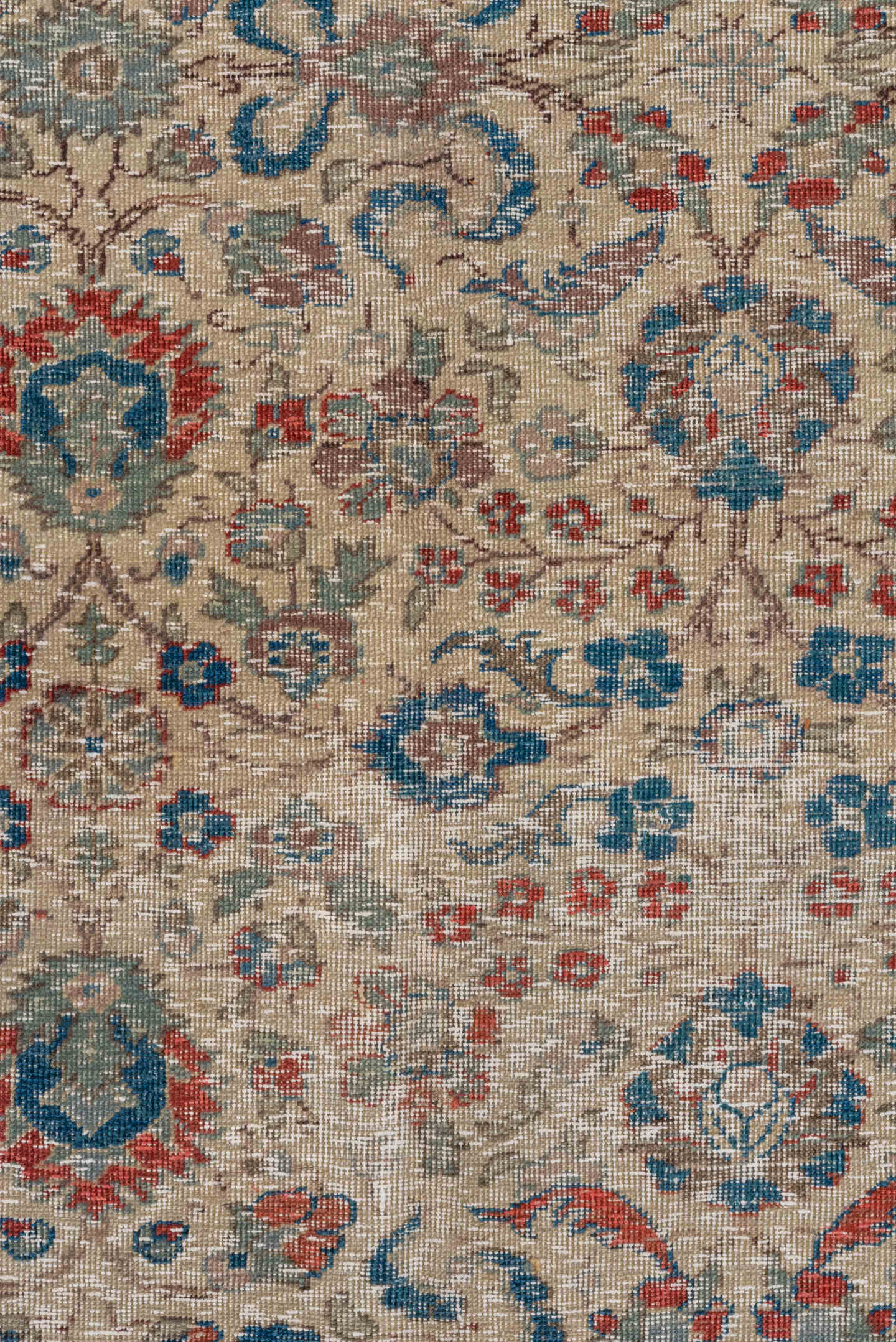 5' x 7' one-of-a-kind handmade vintage Kaisary rug. Color palette: ivory, rust, blue, slate, taupe, camel, terracotta, brown