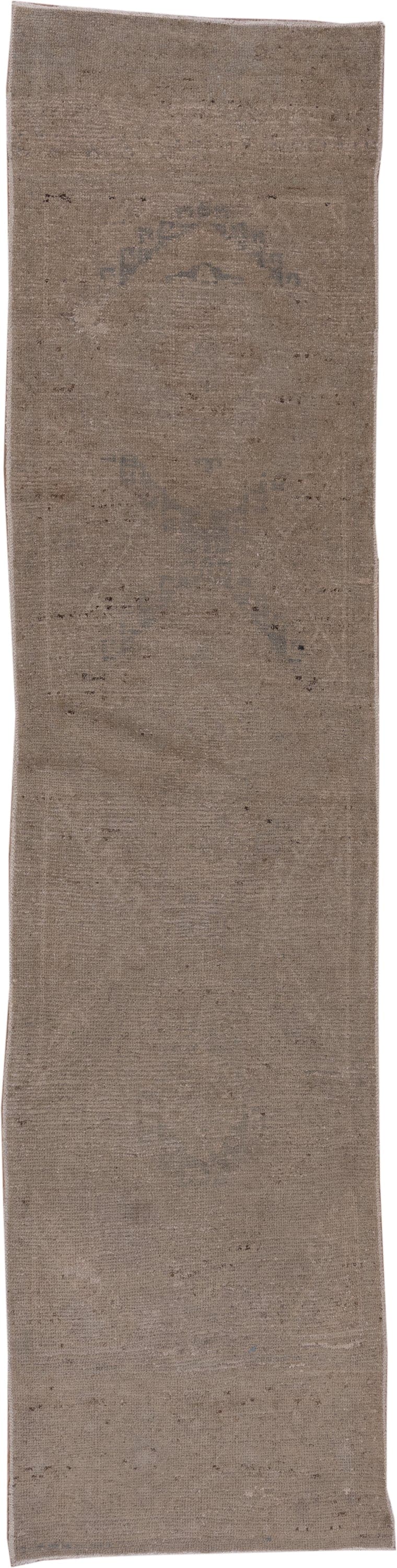 2' x 11' one-of-a-kind handmade vintage Oushak runner rug. Color palette: taupe, greige, stone, charcoal, ivory, beige, gray