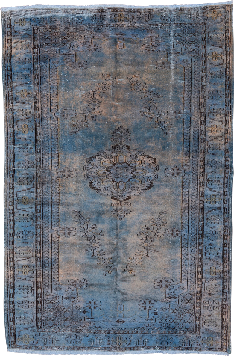 6' x 9' one-of-a-kind handmade vintage Overdyed medium size rug. Color palette: sky blue, slate, taupe, charcoal, ivory