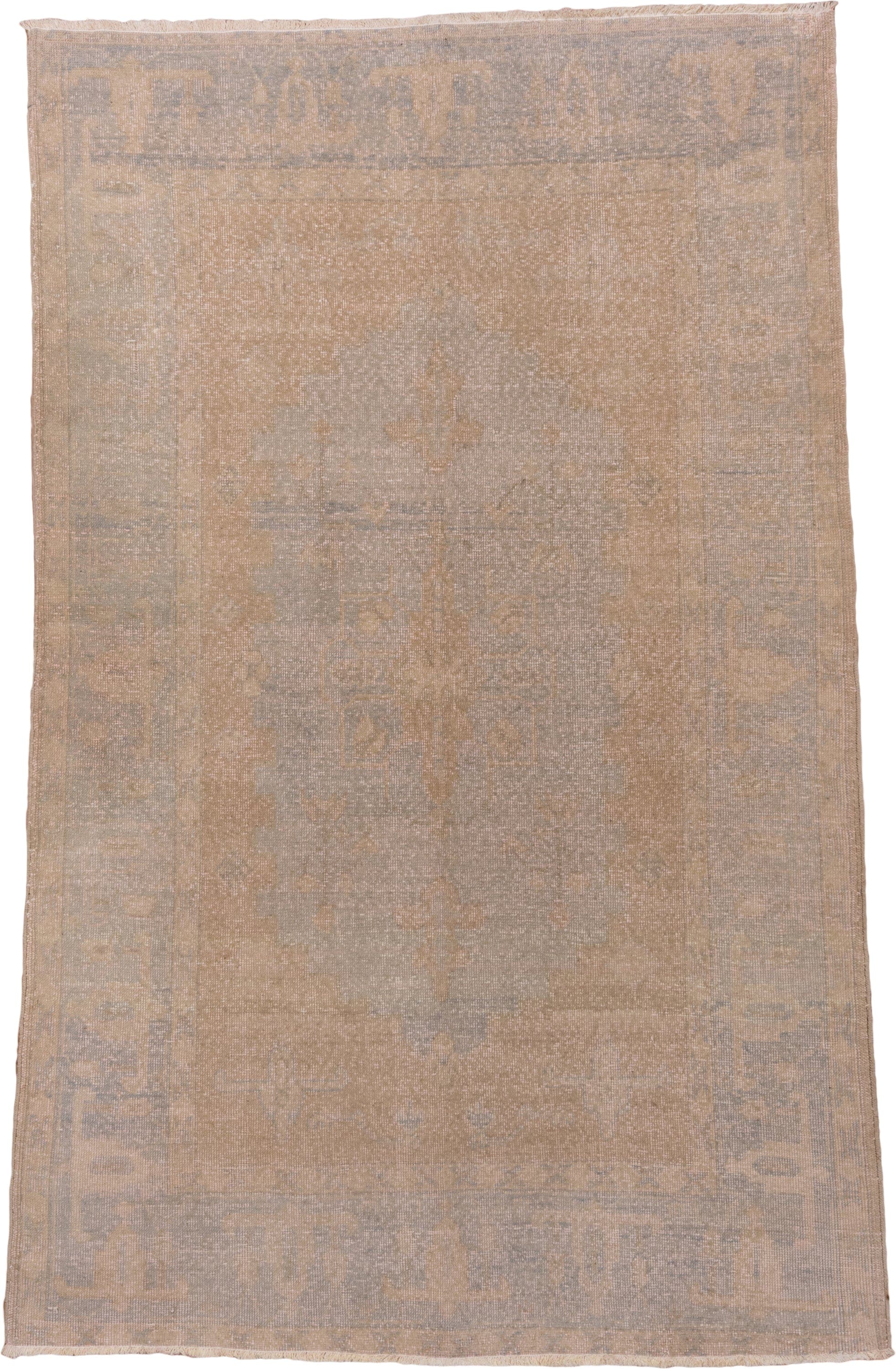5' x 8' one-of-a-kind handmade vintage Oushak medium size rug. Color palette: beige, taupe, ivory, pale gray, gray