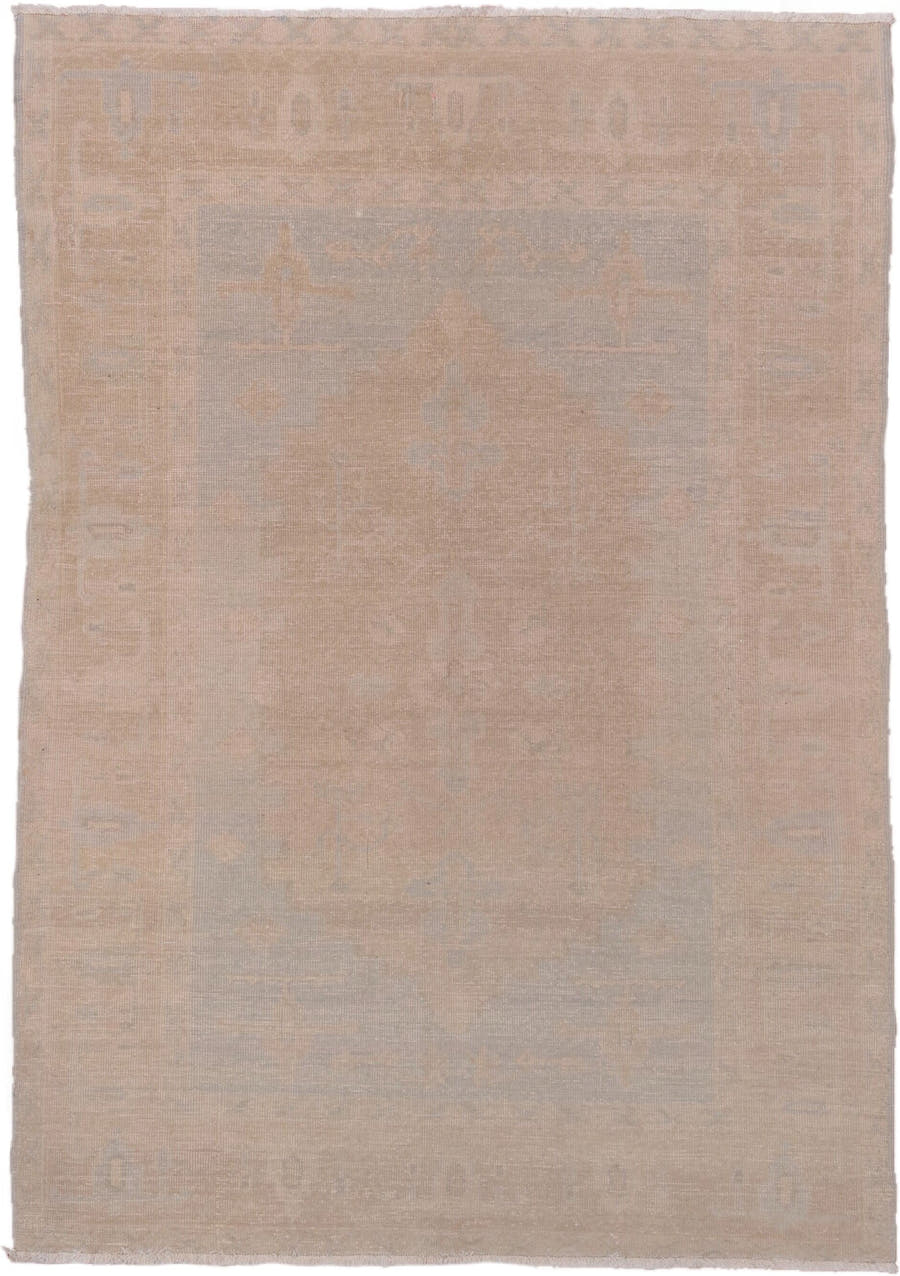 5' x 8' one-of-a-kind handmade vintage Oushak medium size rug. Color palette: blush, ivory, taupe, beige, sand, pink, gray