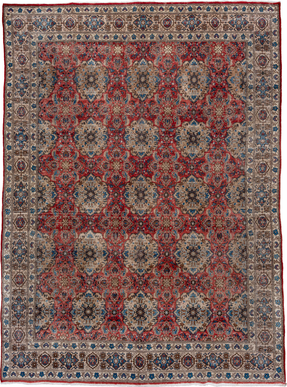 9' x 12' one-of-a-kind handmade vintage Sivas large size rug. Color palette: ivory, red, blue, brown, taupe, charcoal, beige