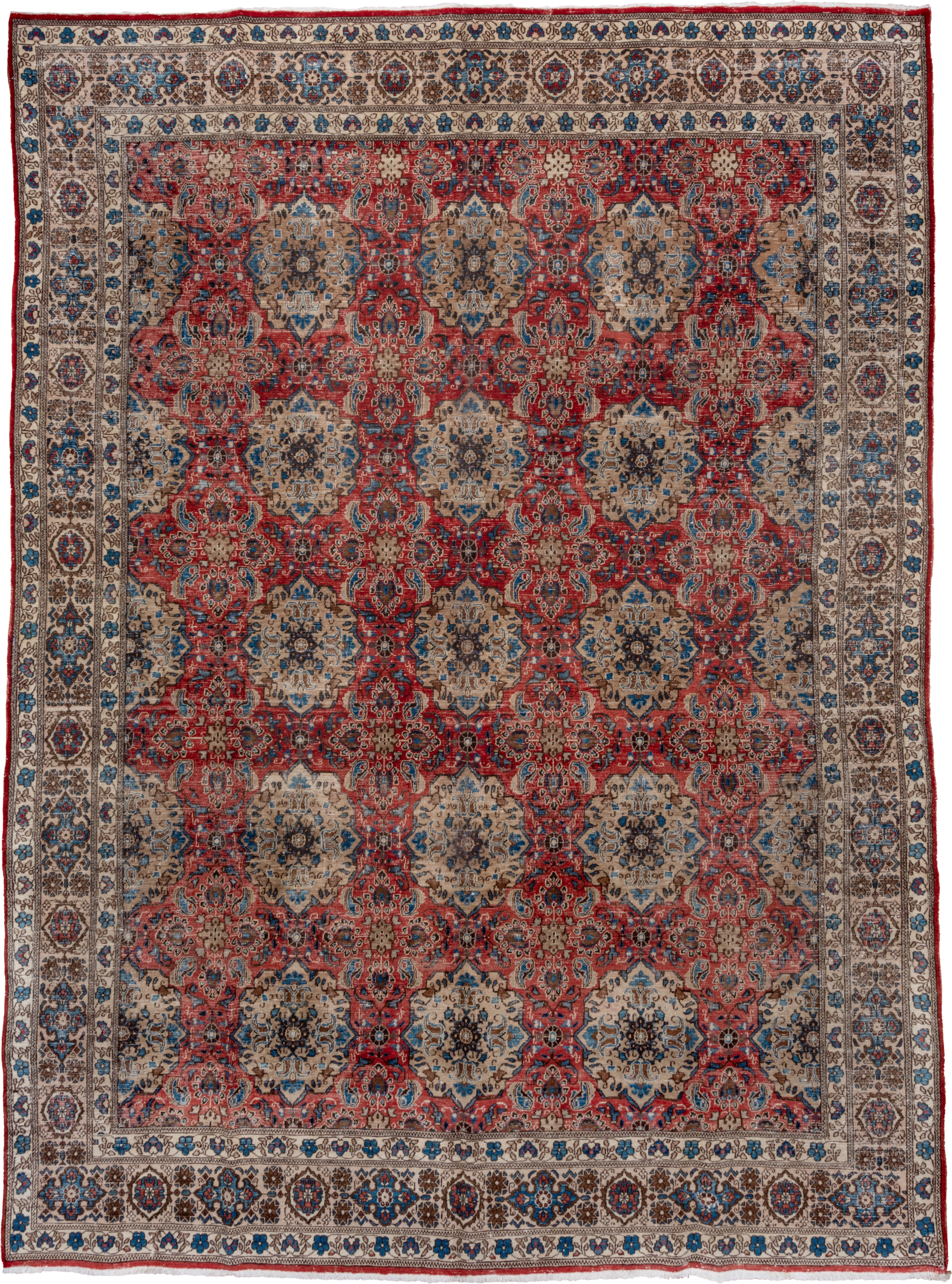 9' x 12' one-of-a-kind handmade vintage Sivas large size rug. Color palette: ivory, red, blue, brown, taupe, charcoal, beige