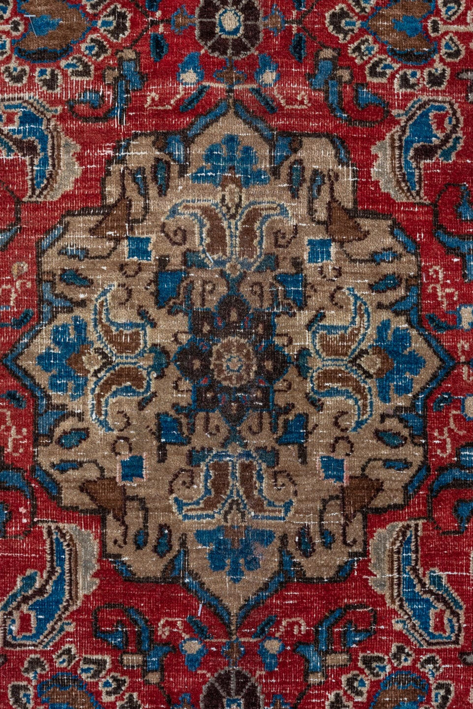 9' x 12' one-of-a-kind handmade vintage Sivas large size rug. Color palette: ivory, red, blue, brown, taupe, charcoal, beige
