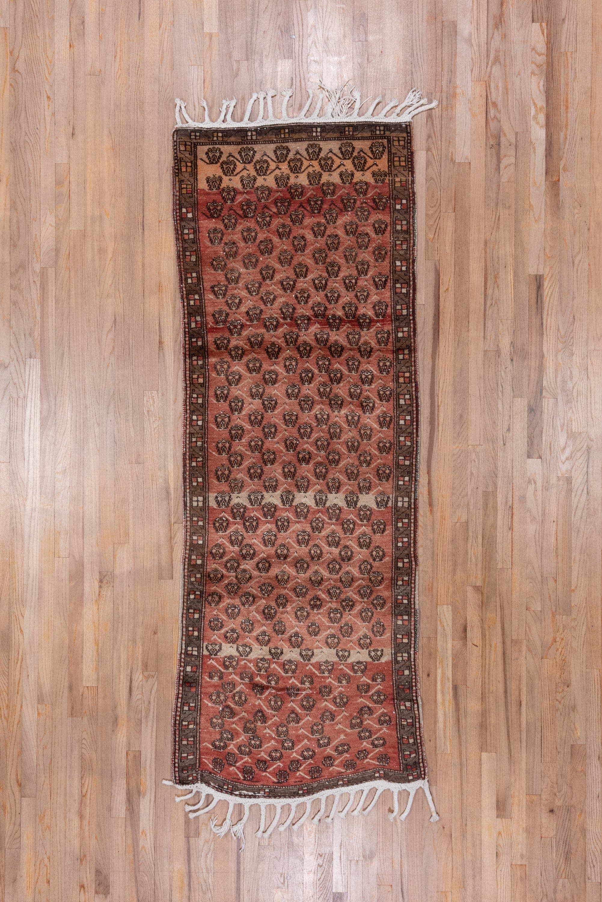 3' x 8' one-of-a-kind handmade vintage Oushak runner rug. Color palette: terra cotta, brown, charcoal, ivory, taupe, rust