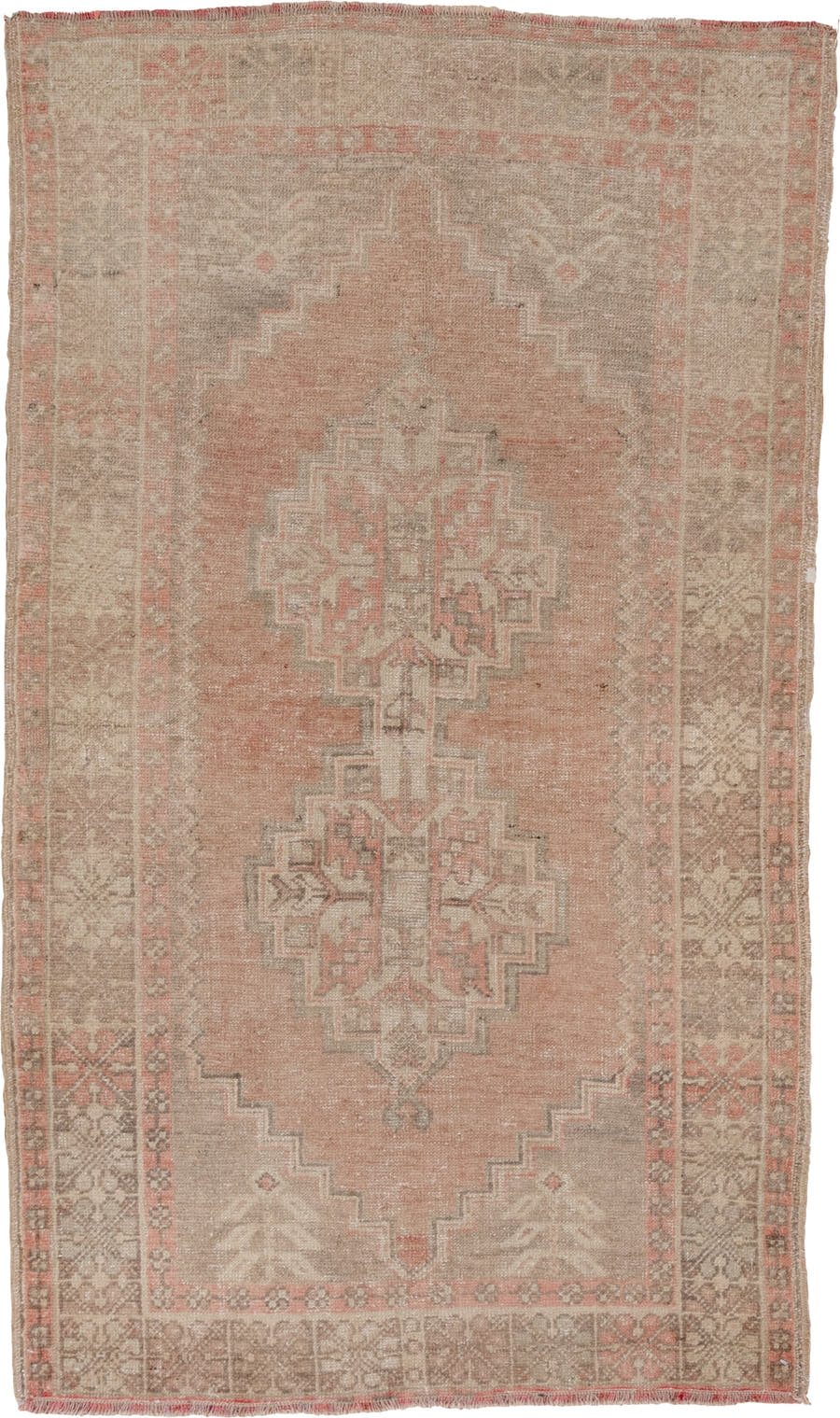 3' x 6' one-of-a-kind handmade vintage Oushak small size rug. Color palette: blush, taupe, ivory, warm gray, dusty rose