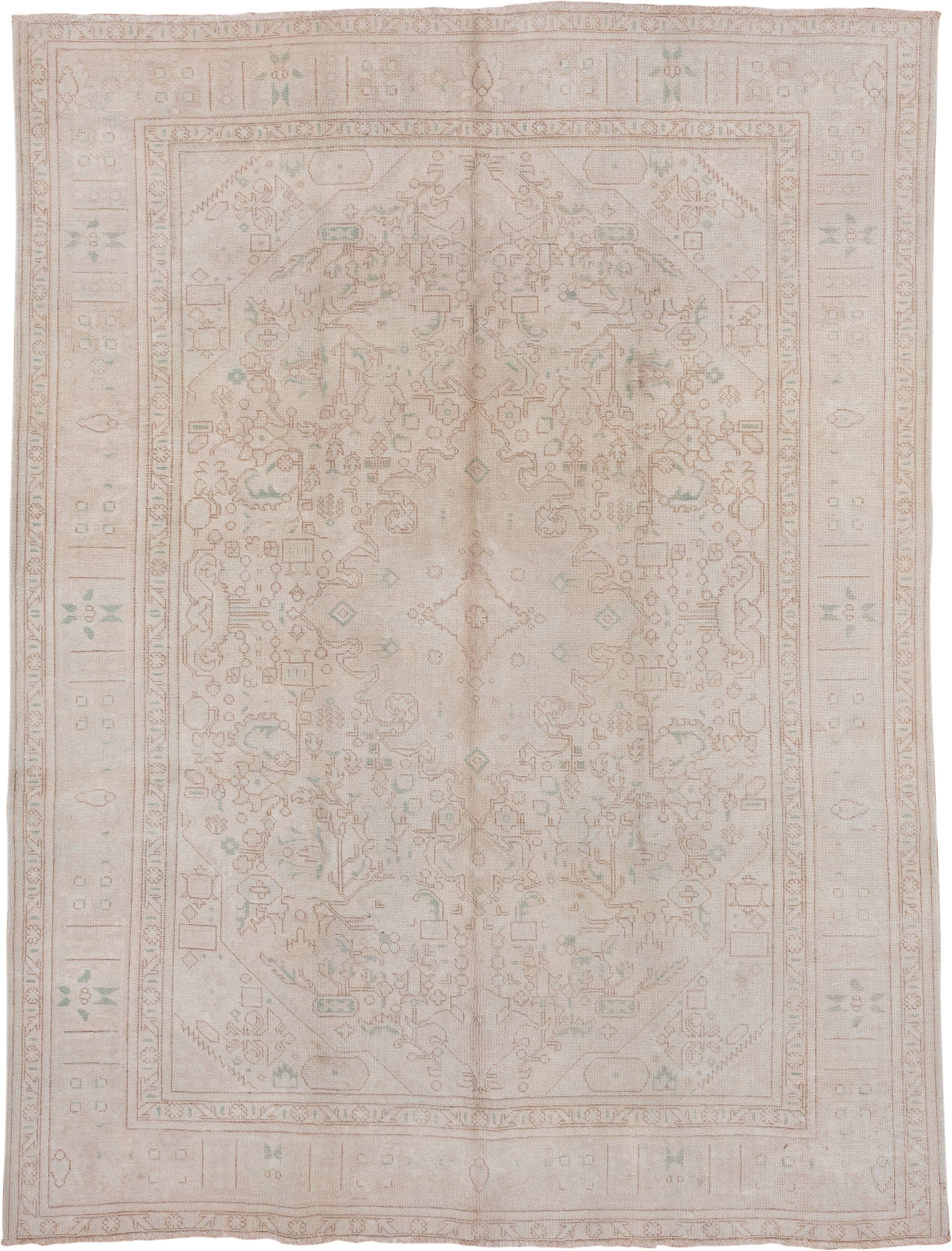 8' x 10' one-of-a-kind handmade vintage Tabriz large size rug. Color palette: ivory, blush, sand, taupe, pale celadon, pink