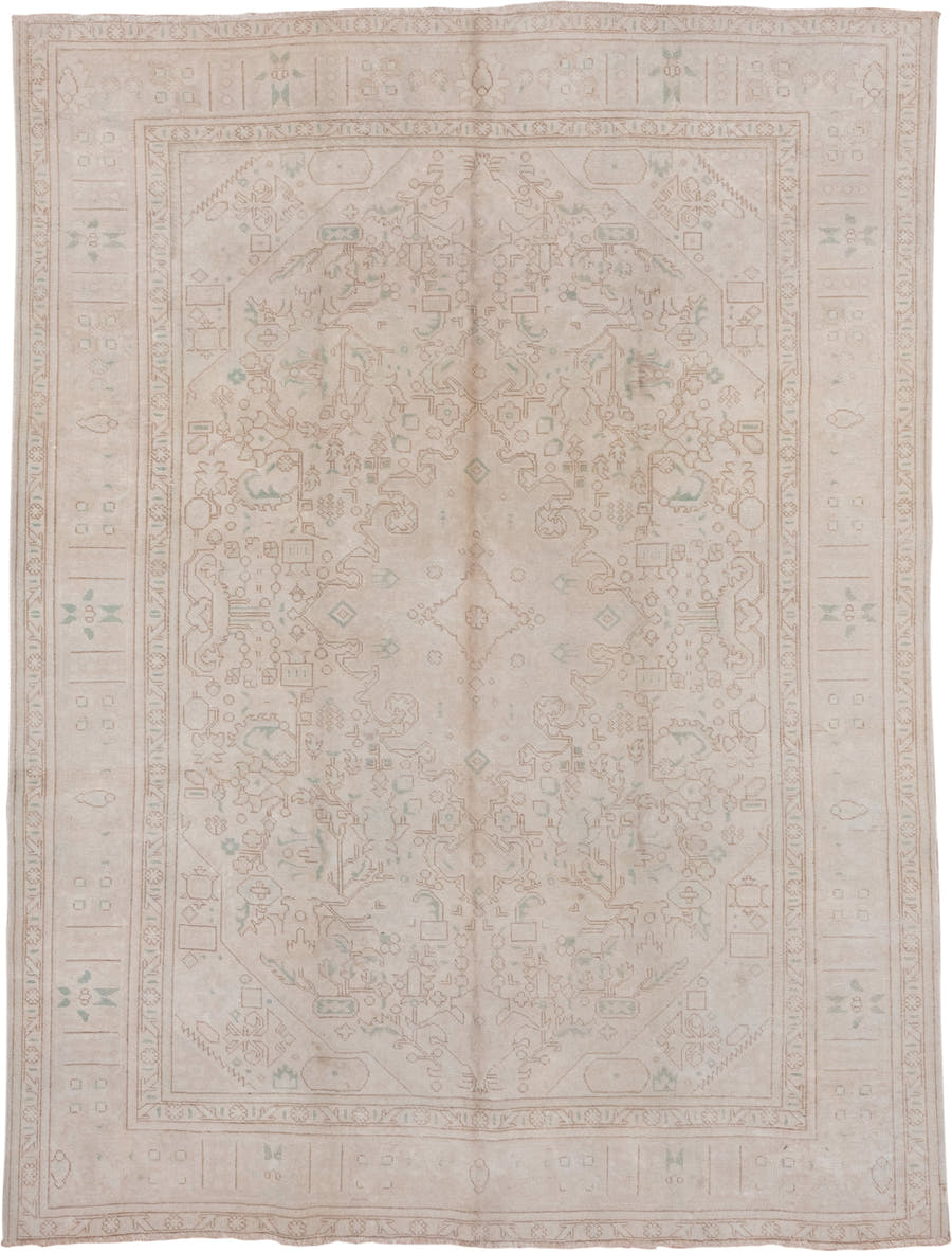 8' x 10' one-of-a-kind handmade vintage Tabriz large size rug. Color palette: ivory, blush, sand, taupe, pale celadon, pink
