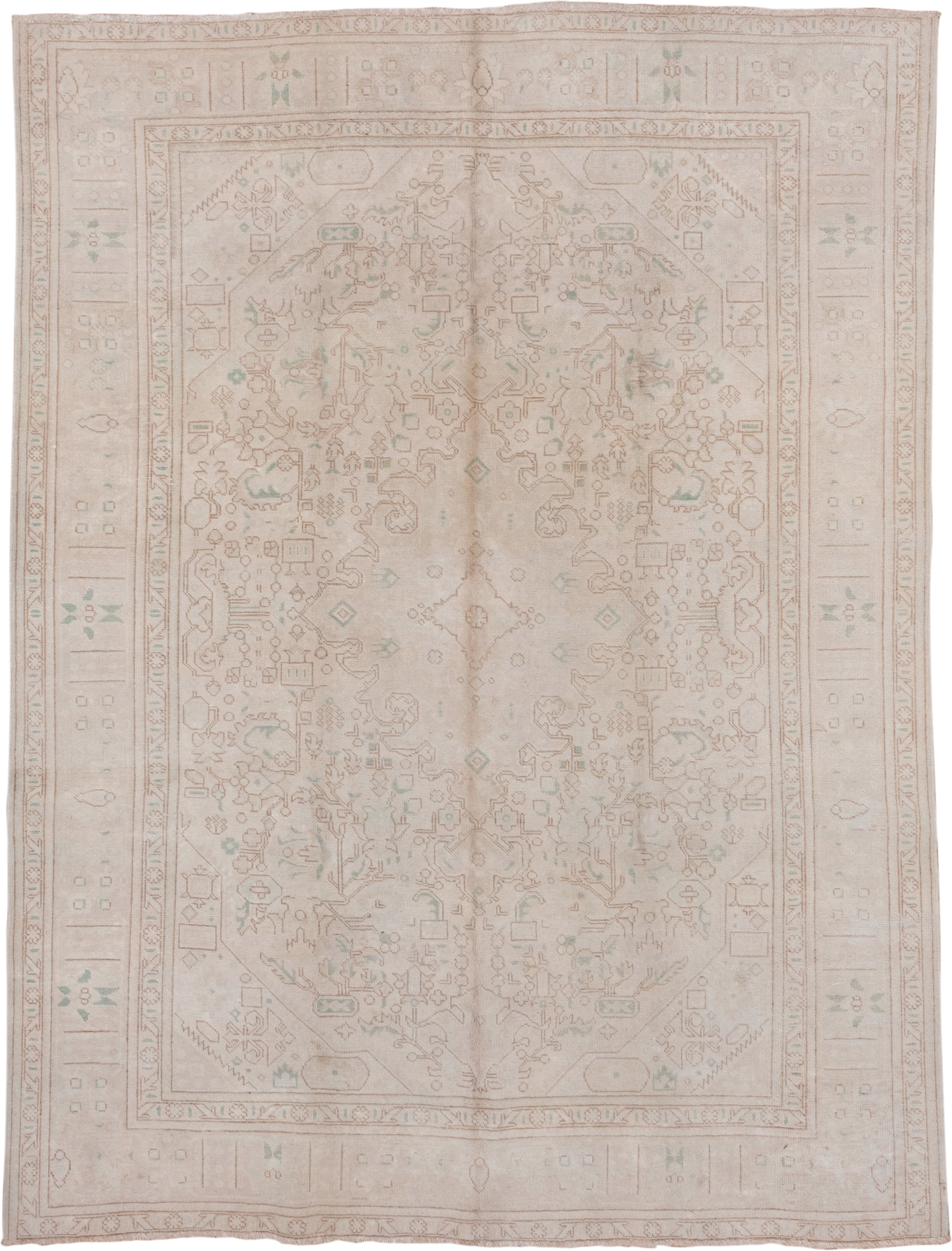 8' x 10' one-of-a-kind handmade vintage Tabriz large size rug. Color palette: ivory, blush, sand, taupe, pale celadon, pink