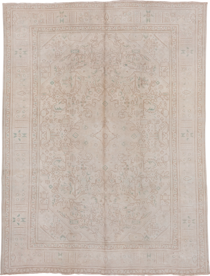 8' x 10' one-of-a-kind handmade vintage Tabriz large size rug. Color palette: ivory, blush, sand, taupe, pale celadon, pink