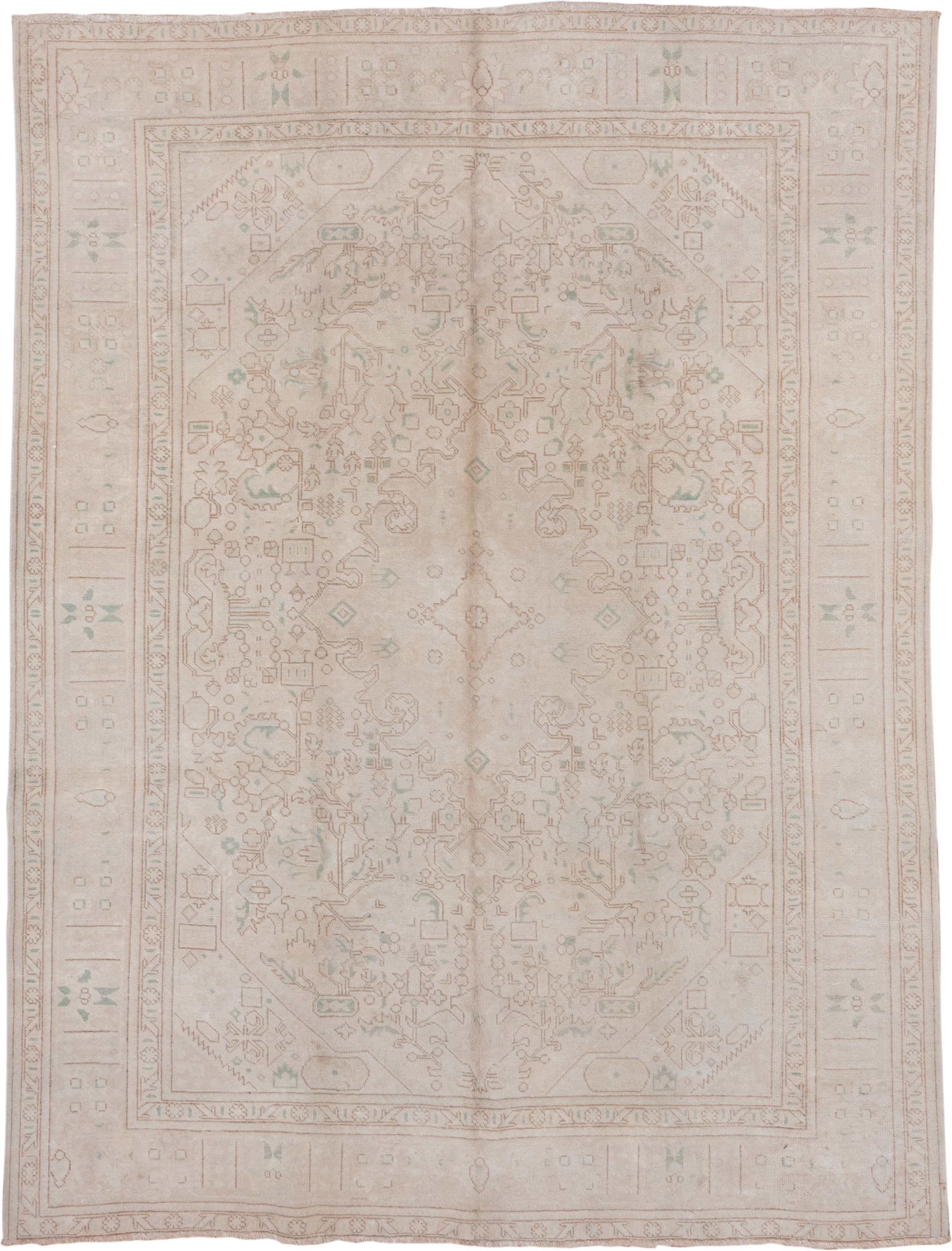 8' x 10' one-of-a-kind handmade vintage Tabriz large size rug. Color palette: ivory, blush, sand, taupe, pale celadon, pink