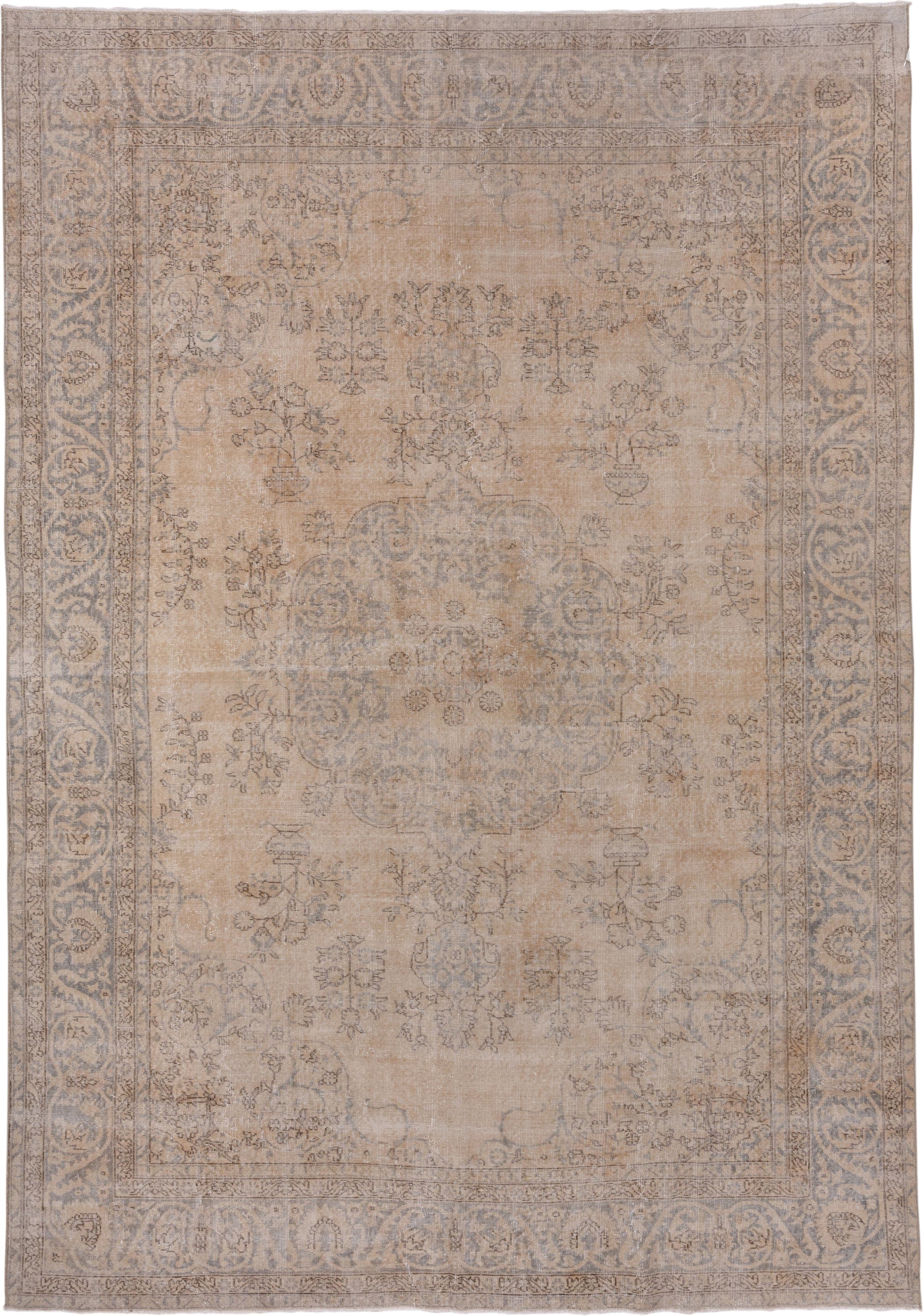 8' x 11' one-of-a-kind handmade vintage Oushak large size rug. Color palette: beige, taupe, ivory, slate, greige, gray