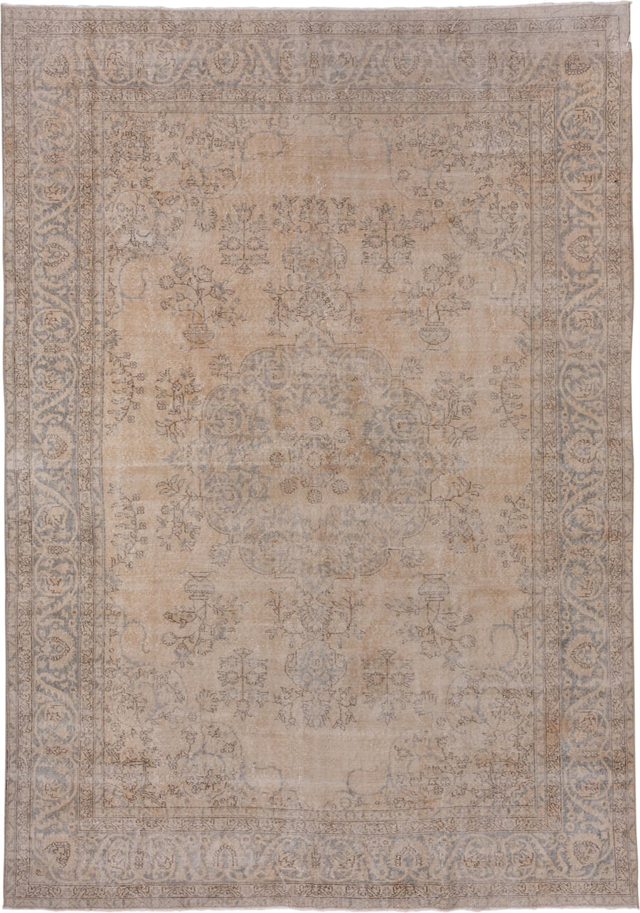 8' x 11' one-of-a-kind handmade vintage Oushak large size rug. Color palette: beige, taupe, ivory, slate, greige, gray