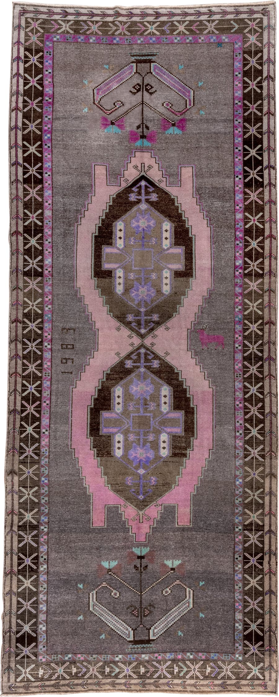 5' x 14' one-of-a-kind handmade vintage Kars rug. Color palette: taupe, brown, blush, lavender, aqua, ivory, charcoal, beige