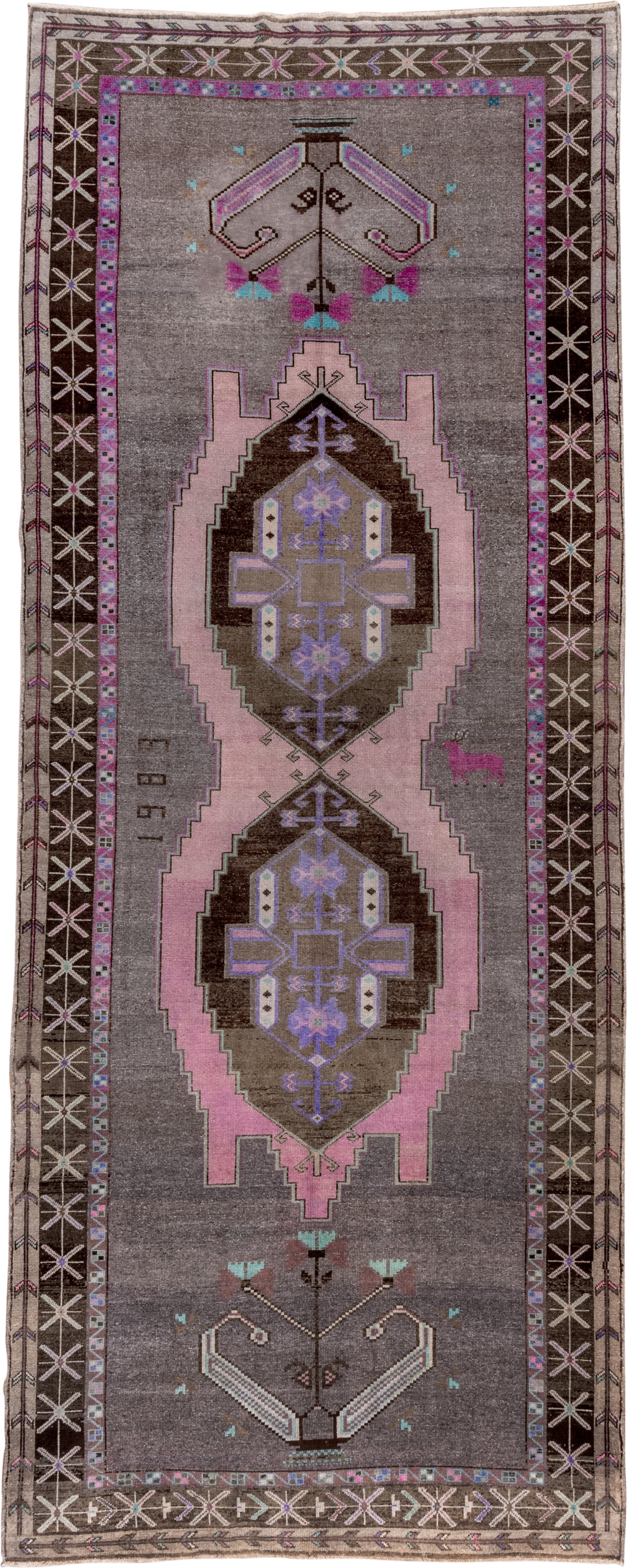 5' x 14' one-of-a-kind handmade vintage Kars rug. Color palette: taupe, brown, blush, lavender, aqua, ivory, charcoal, beige