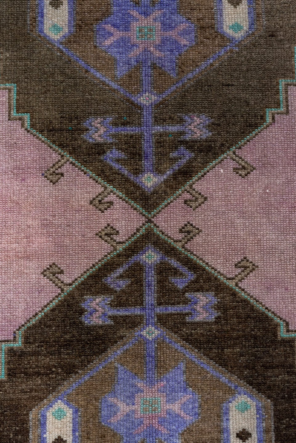 5' x 14' one-of-a-kind handmade vintage Kars rug. Color palette: taupe, brown, blush, lavender, aqua, ivory, charcoal, beige