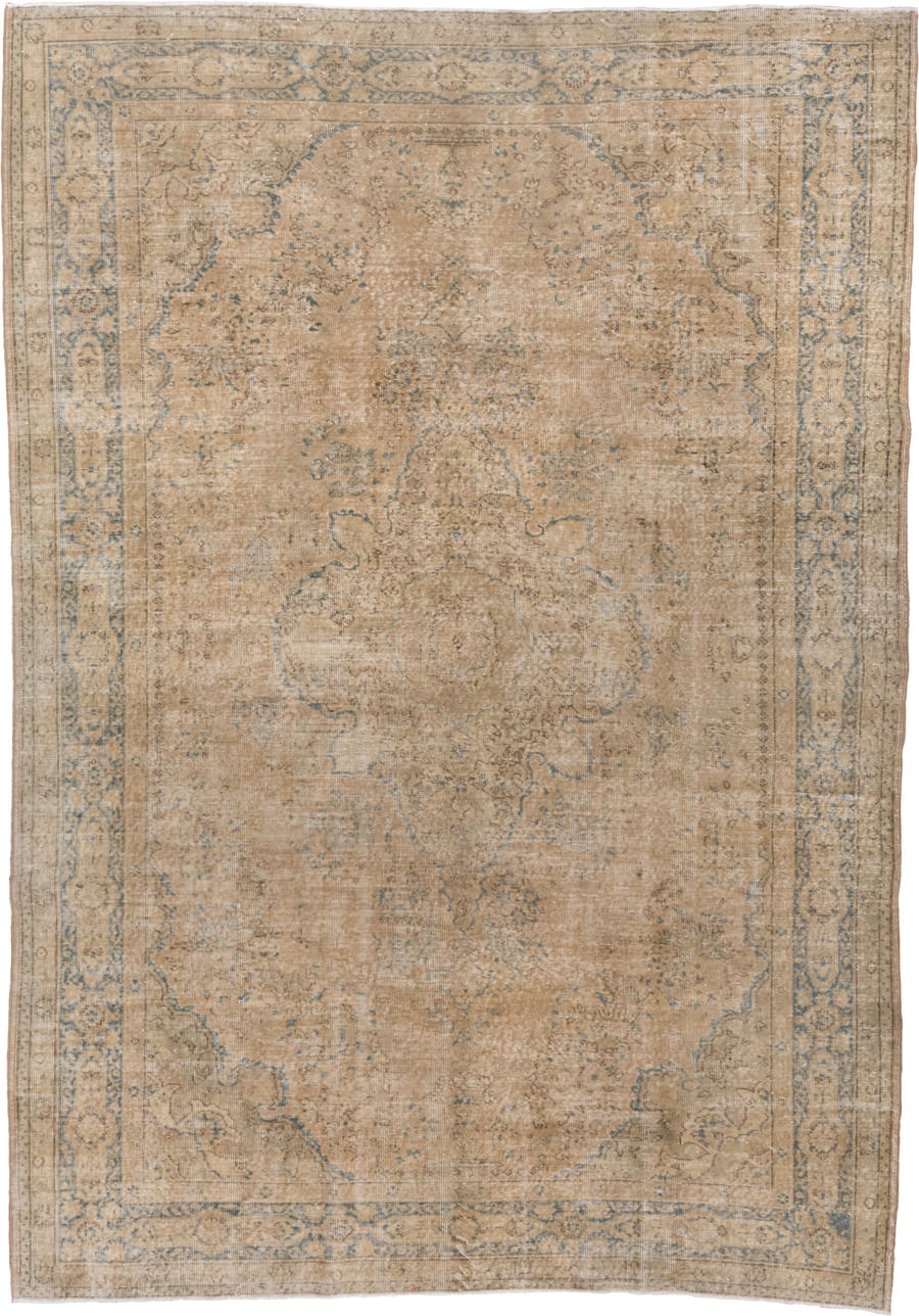 7' x 10' one-of-a-kind handmade vintage Oushak large size rug. Color palette: beige, ivory, faded blue, taupe, sand, blue