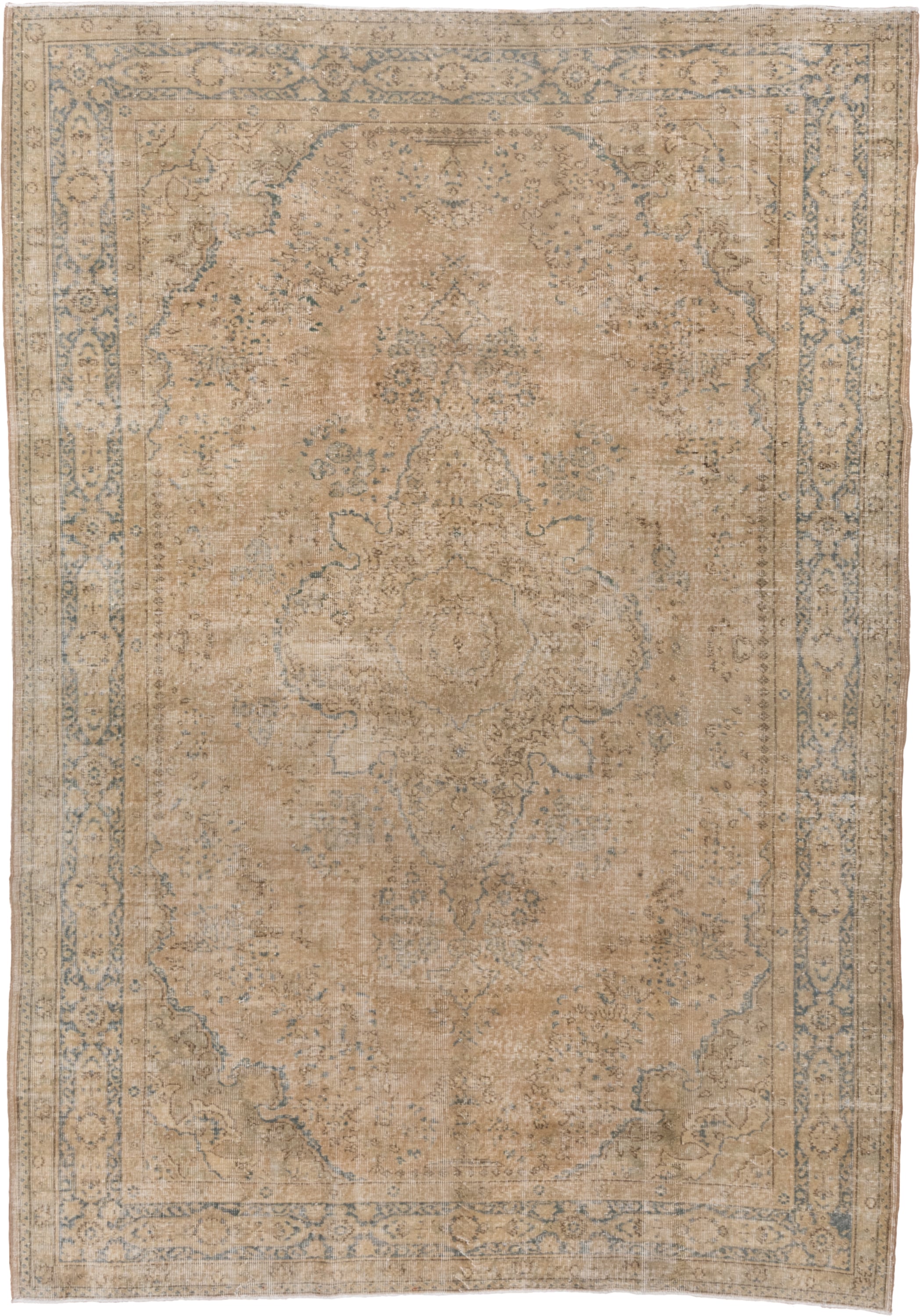 7' x 10' one-of-a-kind handmade vintage Oushak large size rug. Color palette: beige, ivory, faded blue, taupe, sand, blue