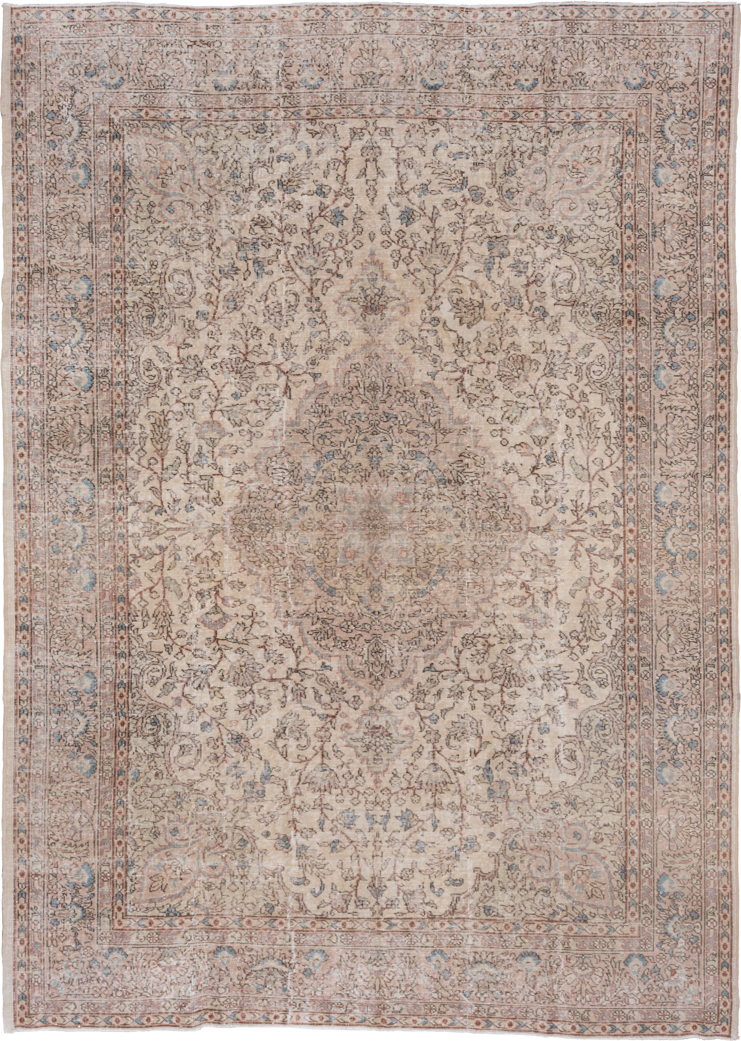 8' x 11' one-of-a-kind handmade vintage Oushak large size rug. Color palette: ivory, taupe, blush, light blue, beige, camel