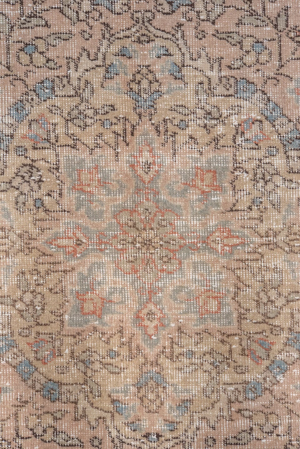 8' x 11' one-of-a-kind handmade vintage Oushak large size rug. Color palette: ivory, taupe, blush, light blue, beige, camel