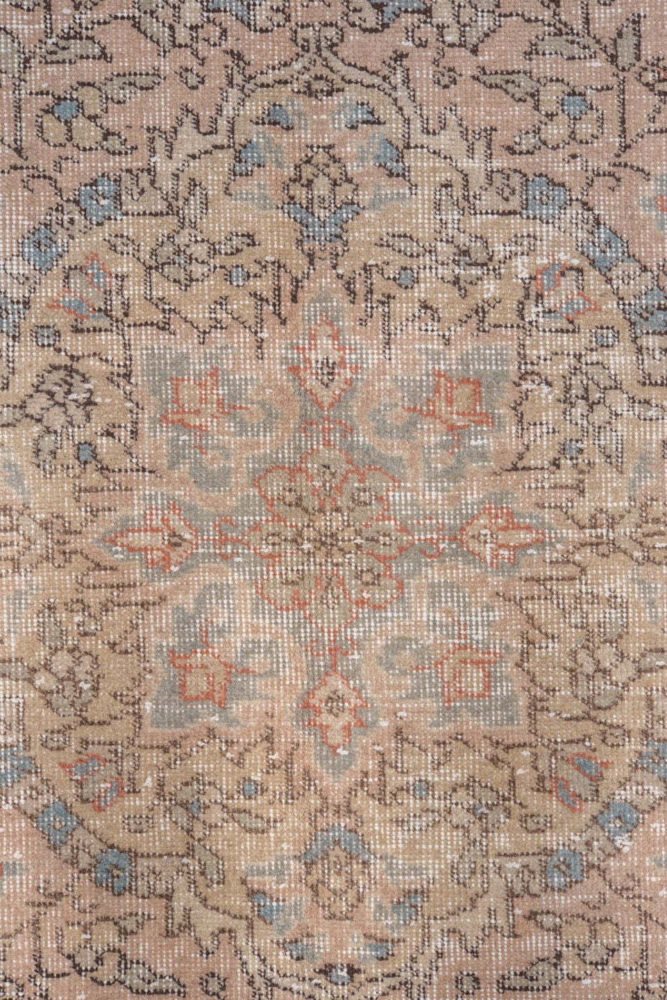 8' x 11' one-of-a-kind handmade vintage Oushak large size rug. Color palette: ivory, taupe, blush, light blue, beige, camel