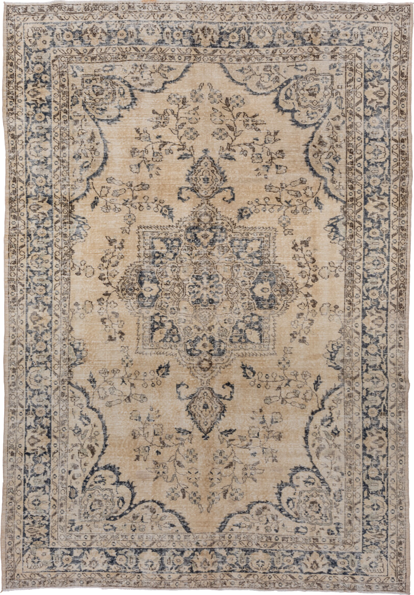 7' x 10' one-of-a-kind handmade vintage Oushak large size rug. Color palette: ivory, beige, blue, taupe, charcoal, gray