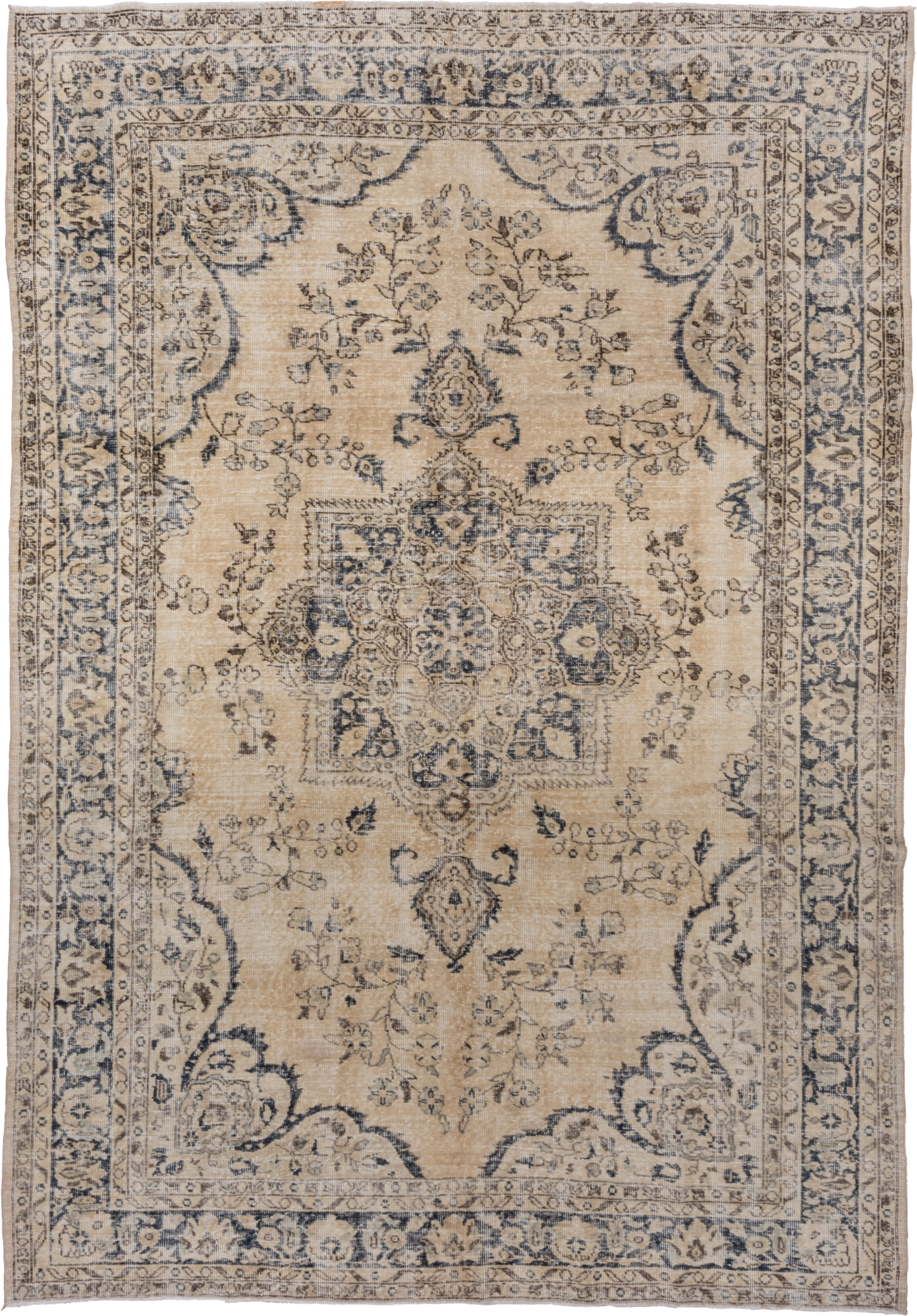 7' x 10' one-of-a-kind handmade vintage Oushak large size rug. Color palette: ivory, beige, blue, taupe, charcoal, gray